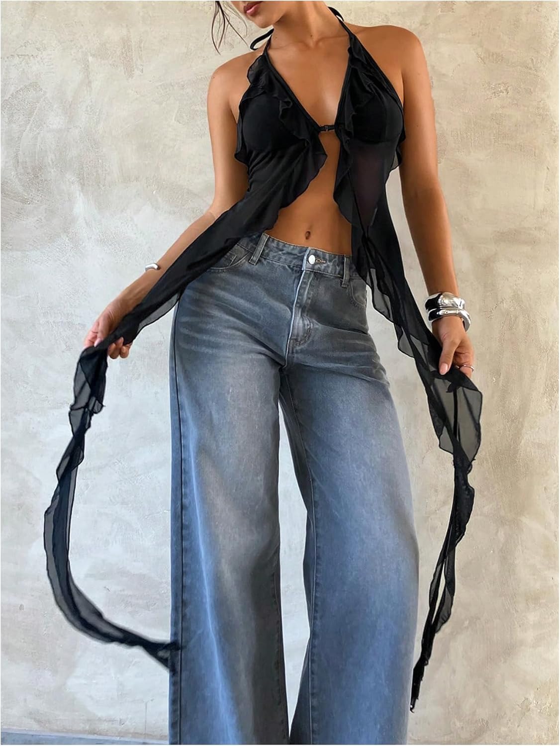 SOLY HUX Women's Sleeveless Asymmetrical Ruffle Flowy Halter Top Open Back Camisole Party Clubwear - Image 5