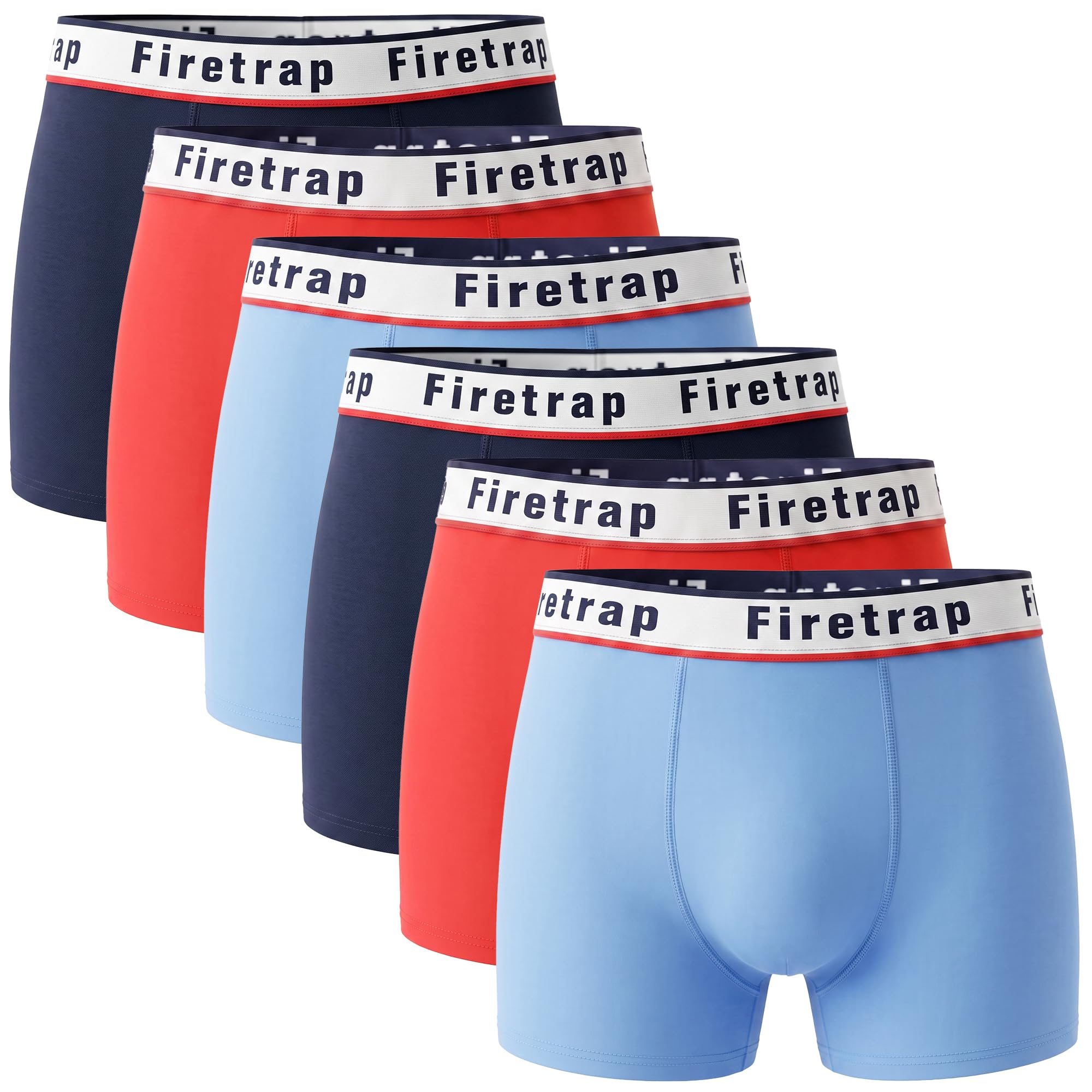 Firetrap Men's Sky, Navy, Red 6 Pack Designer Boxer Shorts, Underwear Gift Set Trunks Comfortable Stretch Cotton Plain Colours Briefs Xxl