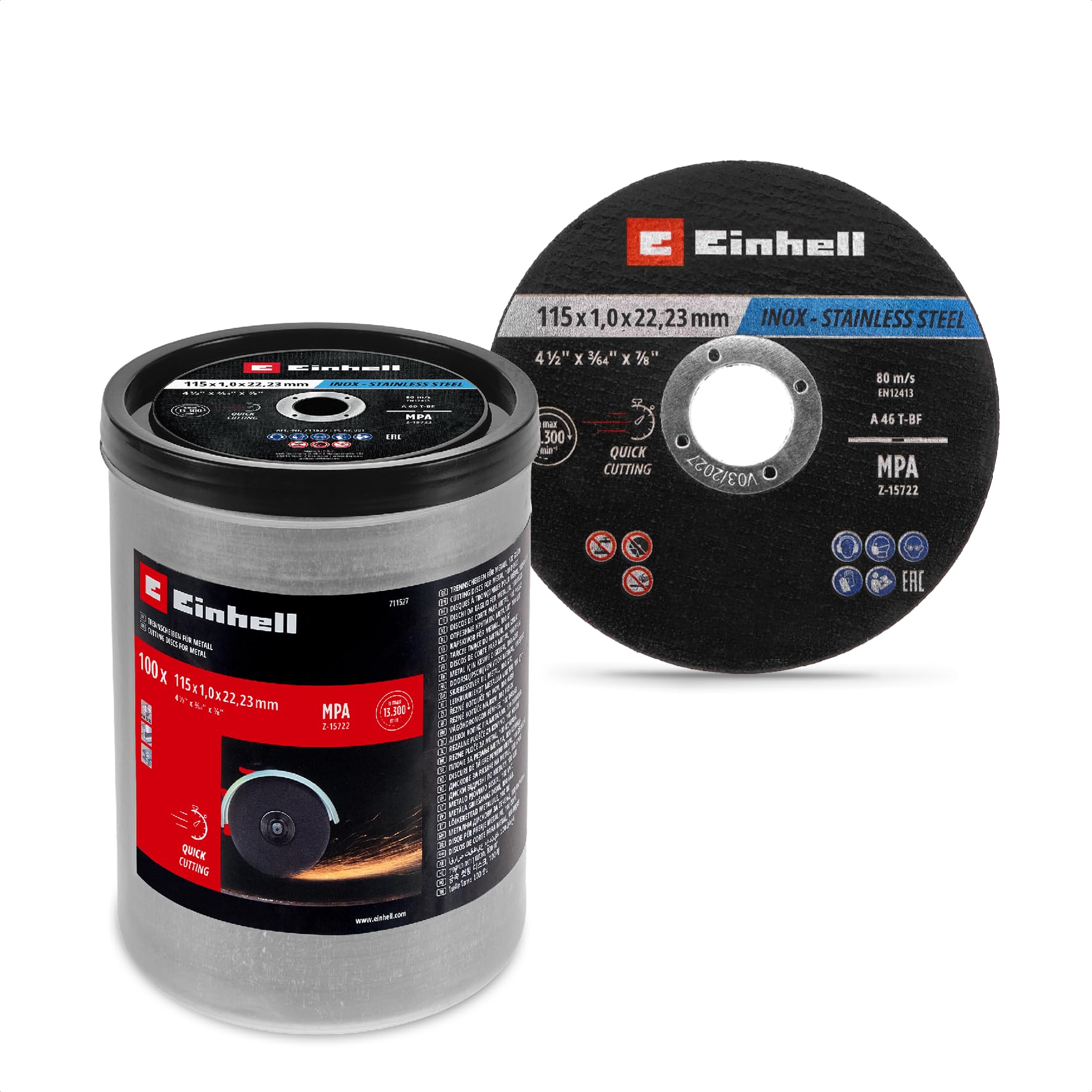 Einhell 100 pezzi set di dischi da taglio per metallo, Inox, Ø 115 x 1 mm | Taglio di precisione | lavorazione del metallo | foro da 22,23 mm | certificato MPA | versione piana | confezione inclusa