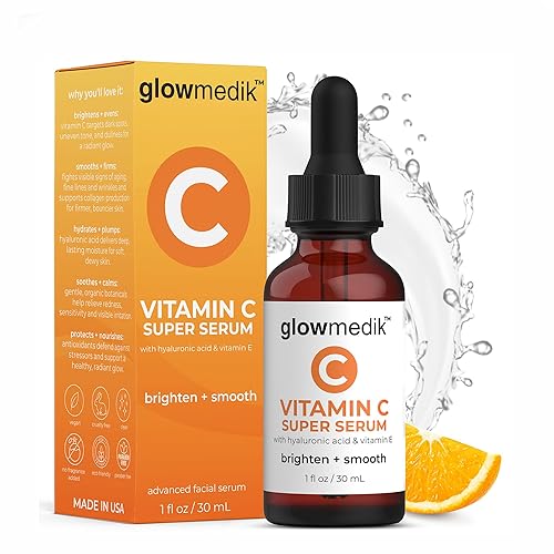 GlowMedik Suero de vitamina C para la cara ilumina y suaviza la cara con ácido hialurónico, vitamina E y MSM, hidrata y reafirma la piel opaca o