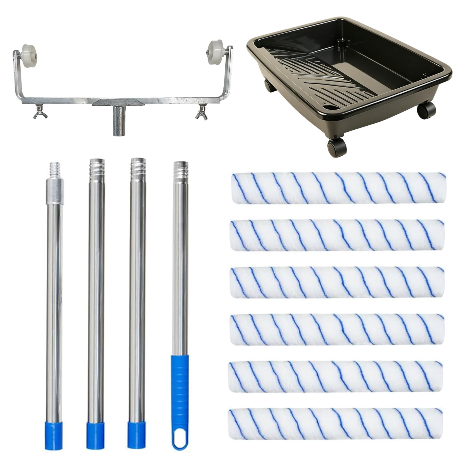 45cm Farbroller-Set, Farbroller Set Malerrolle, 6 Farbrollen, Verstellbarer Rahmen 36-60cm, Abnehmbarer Stange 160cm Großer Farbwanne mit Räder, Farbroller Wandfarbe Malerset für Wand Decken