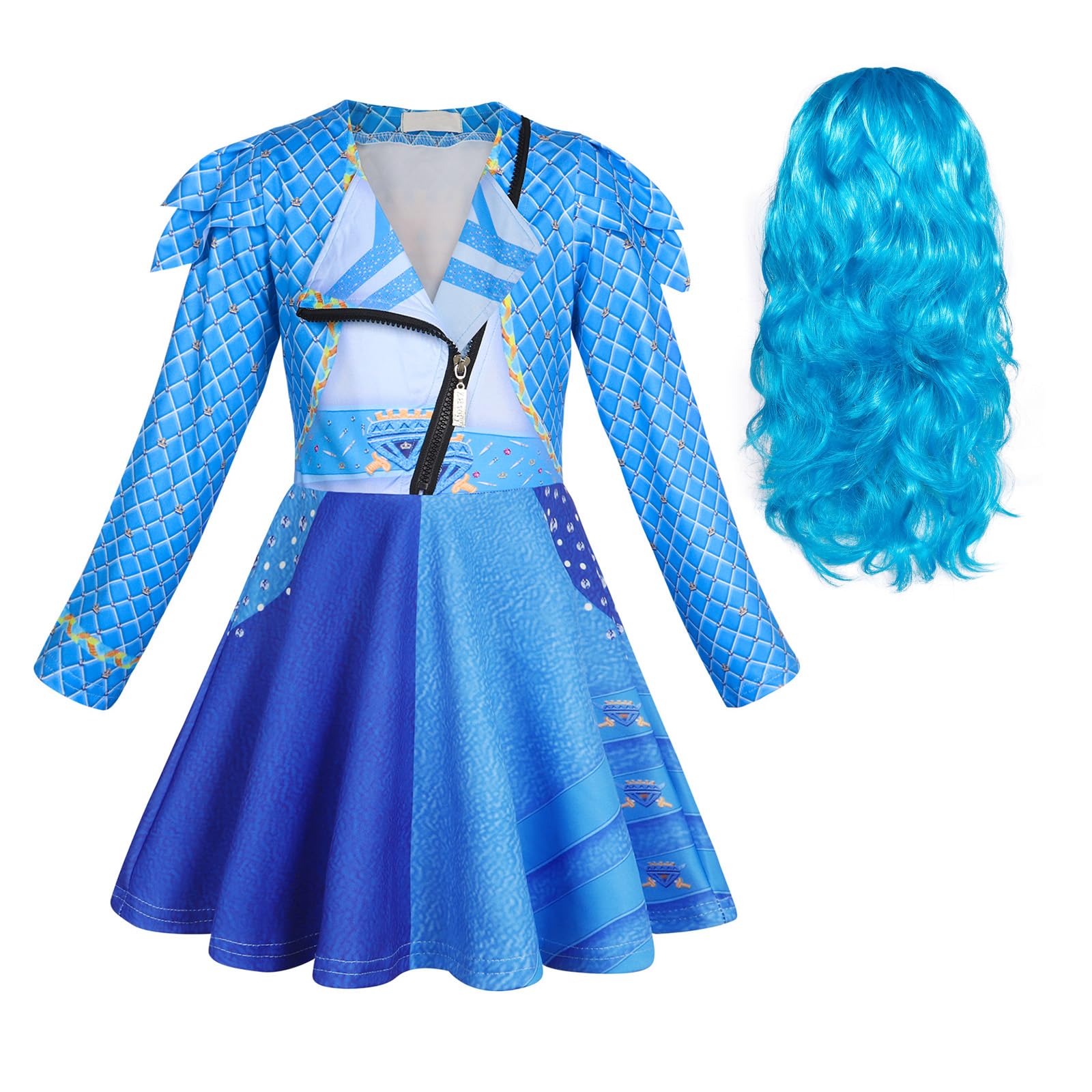 Berich Blue Costume with Wig Princess Dressing up Kids Halloween Dress up World Book Day Role Play Theme Party Outfit Blue Costume 4-5 Years,110