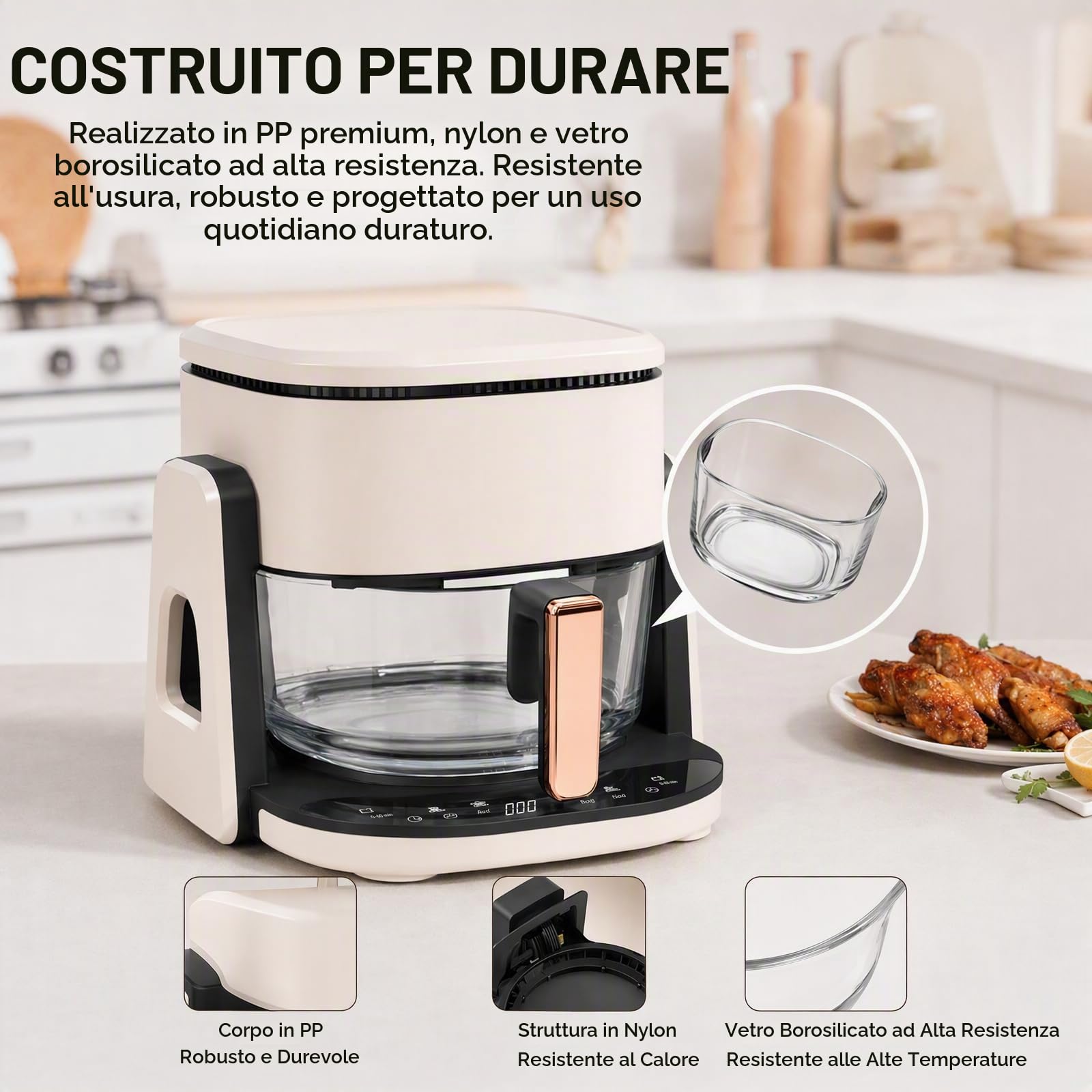 Friggitrice ad aria calda in vetro, 4,5 l, 3 in 1, con funzione grill, display LCD, 1200 W, vetro borosilicato, finestra di visualizzazione, timer da 60 minuti, regolazione della temperatura, design