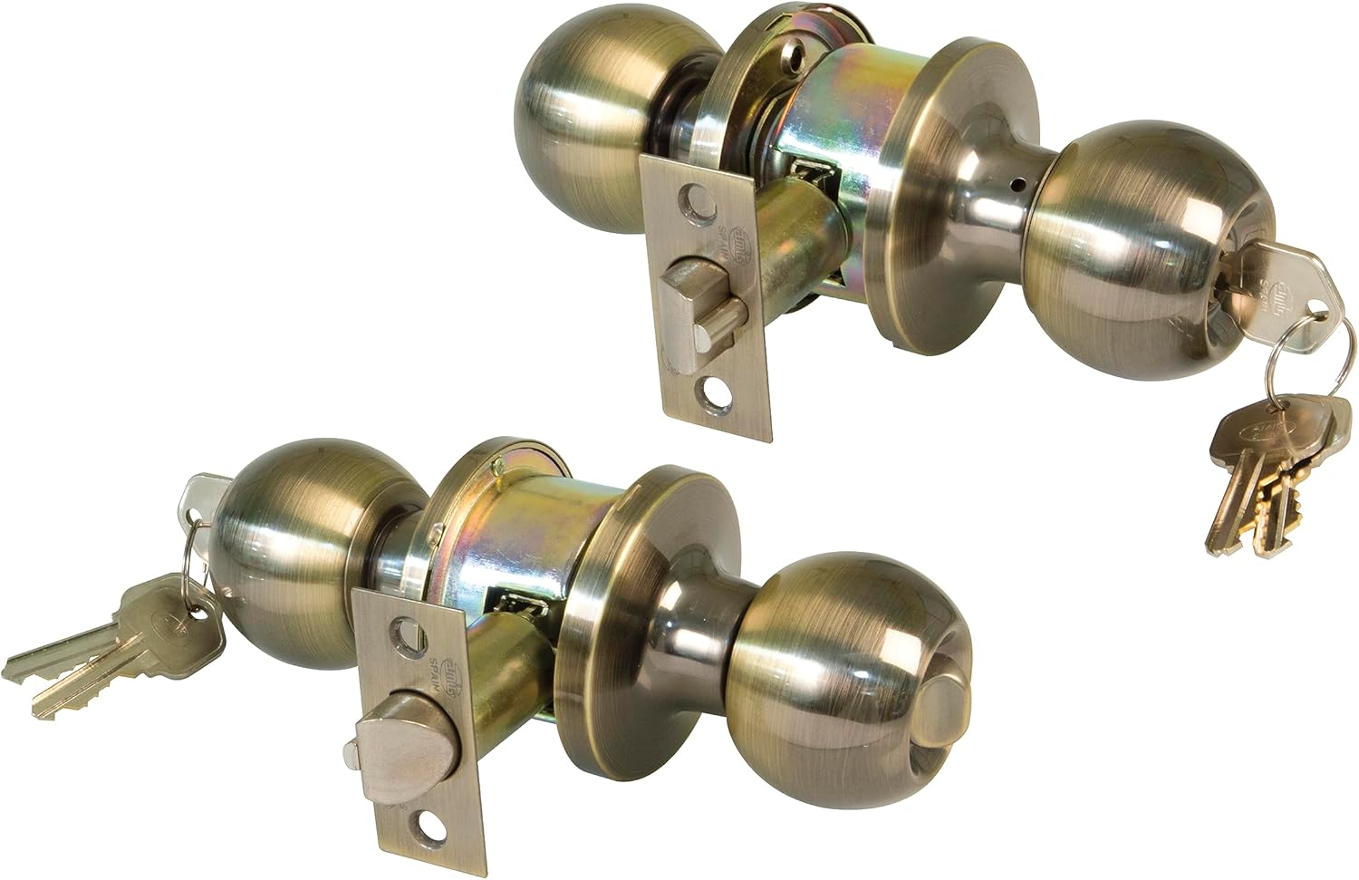 Amig - Entrance Door Knob | with Entry Handle 60/70 mm | Ball Knob on Both Sides | with Lock and Lock | Anti-Card System | for Wooden Doors | Brass Leather