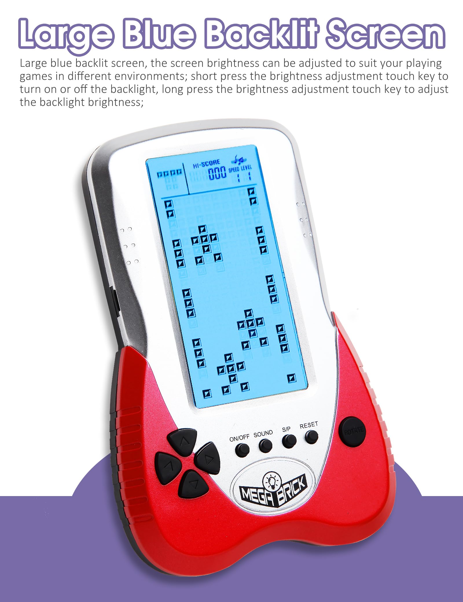 HLF Nueva Consola de Juegos de Ladrillos, Pantalla Grande, el Brillo de la retroiluminación Azul se Puede Ajustar en 23 Juegos compatibles con batería de Litio y baterías AAA (Rojo)