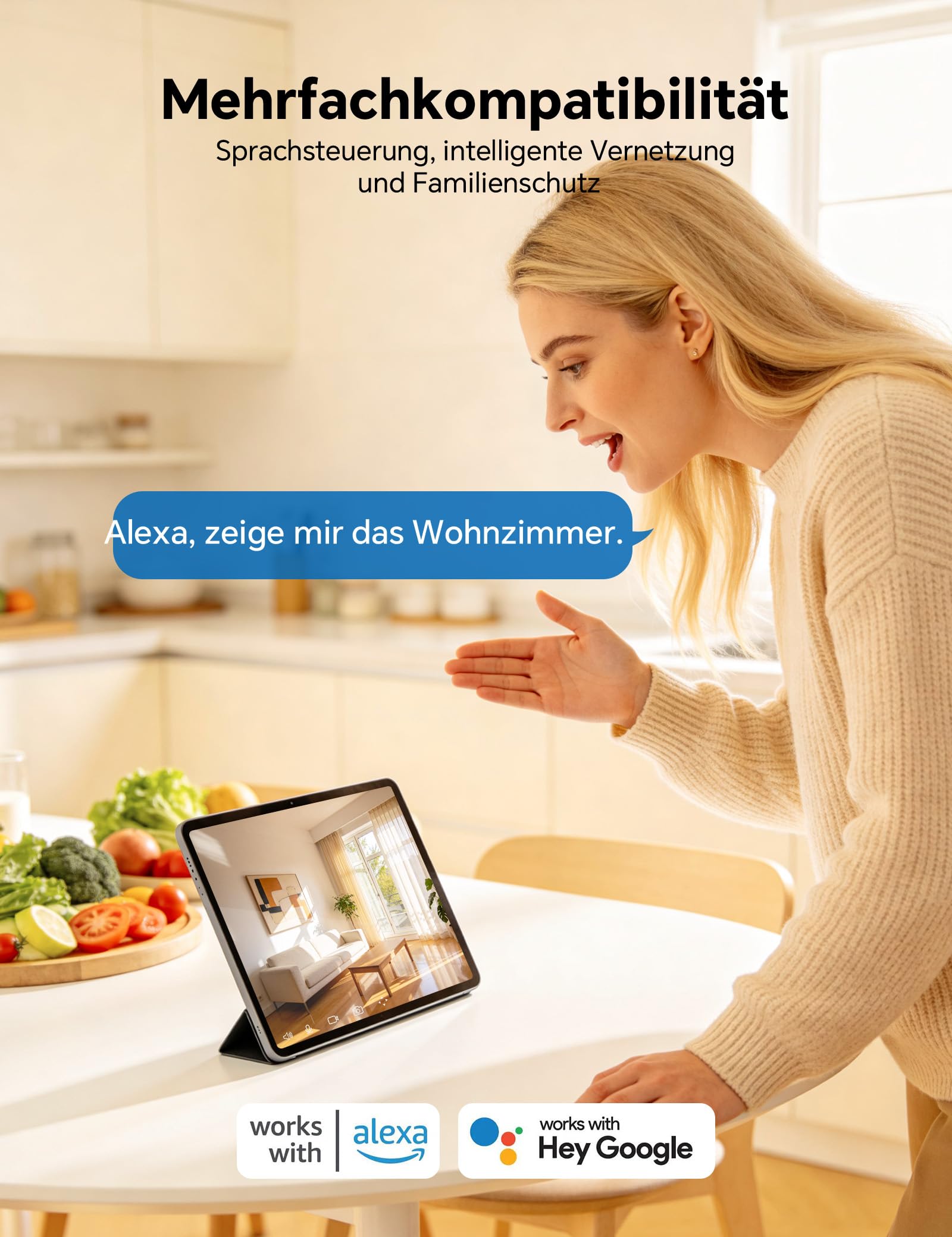WOLFANG Überwachungskamera Innen 2K, WLAN Kamera Innen mit 360° PTZ, Auto-Tracking & Nachtsicht, Hundekamera mit 2-Wege-Audio, Kompatibel mit Alexa & Google Home