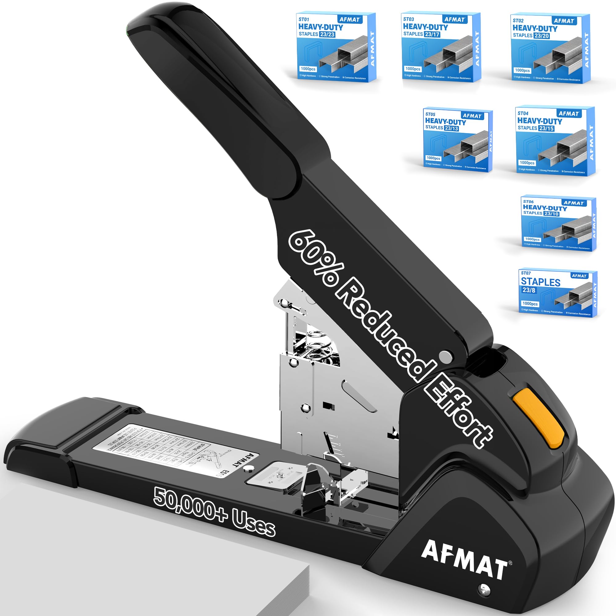 AFMAT ES15 Heavy Duty Stapler, 210 Sheet Staplers for Desk with 7000 Staples, Jam-Free, 50000+ Uses, 60% Reduced Effort, Easy Reload, Adjustable Paper Guide, Large Metal Manual Office Staplers,