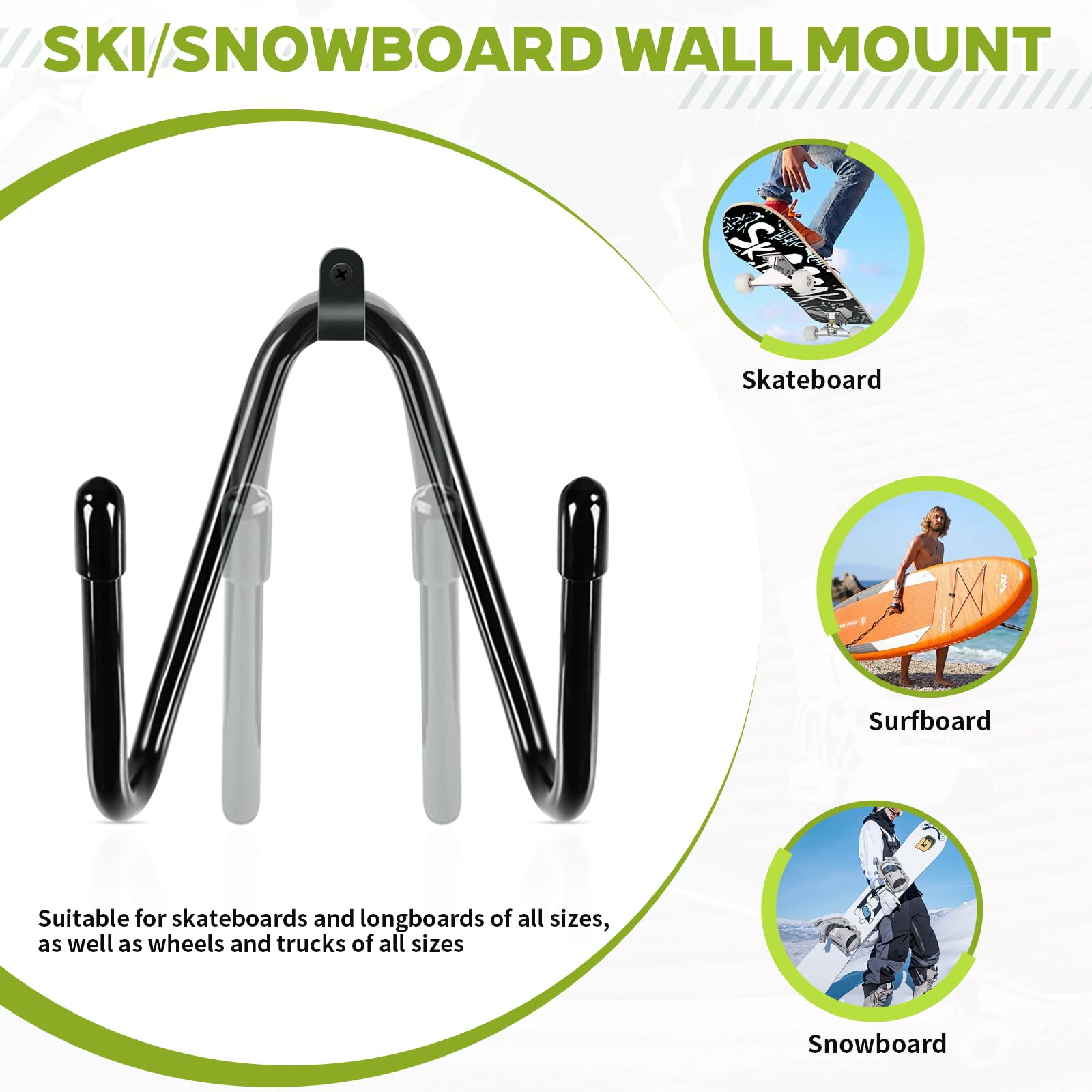 Soporte Skate Pared, Tabla Snowboard de Pared para Monopatines, Snowboards y Esquís, Gancho Almacenamiento, 1 Par