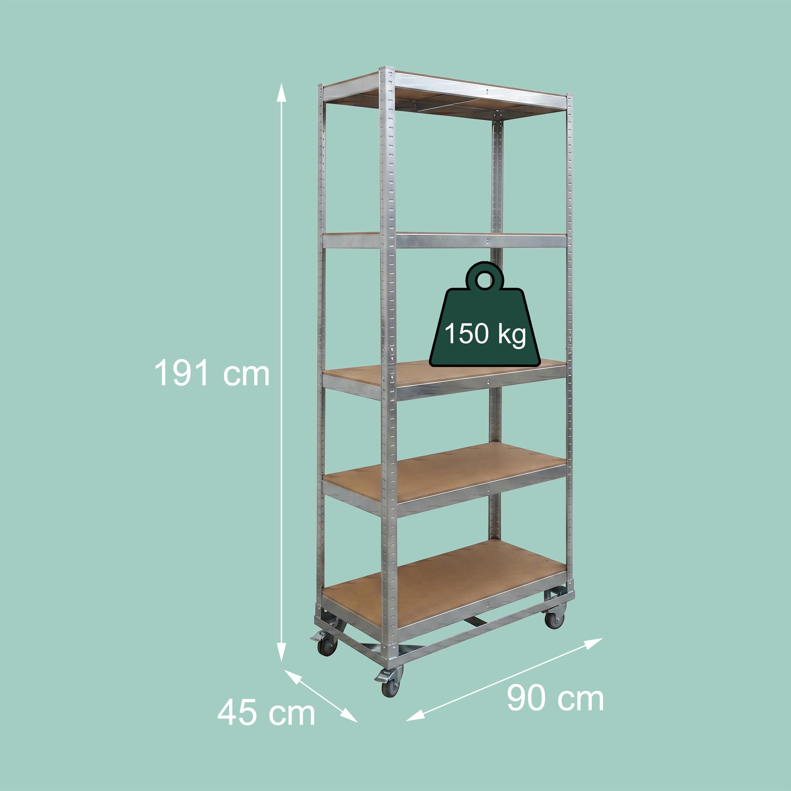 Relaxdays Scaffale pesante con ruote HxLxP 191 x 90 x 45 cm, 750 kg, 5 ripiani, acciaio, montaggio a incastro, argento
