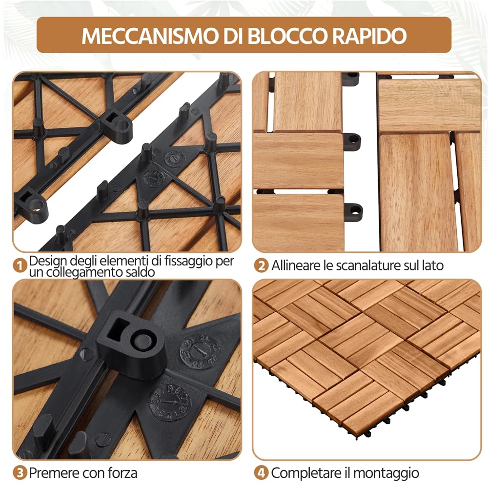 Yaheetech Piastrelle da Giardino in Legno di Acacia 30 x 30 cm Pavimento Impermeabile Resistenti alle Intemperie per Esterni Balconi Giardino Terrazzo 10 pcs