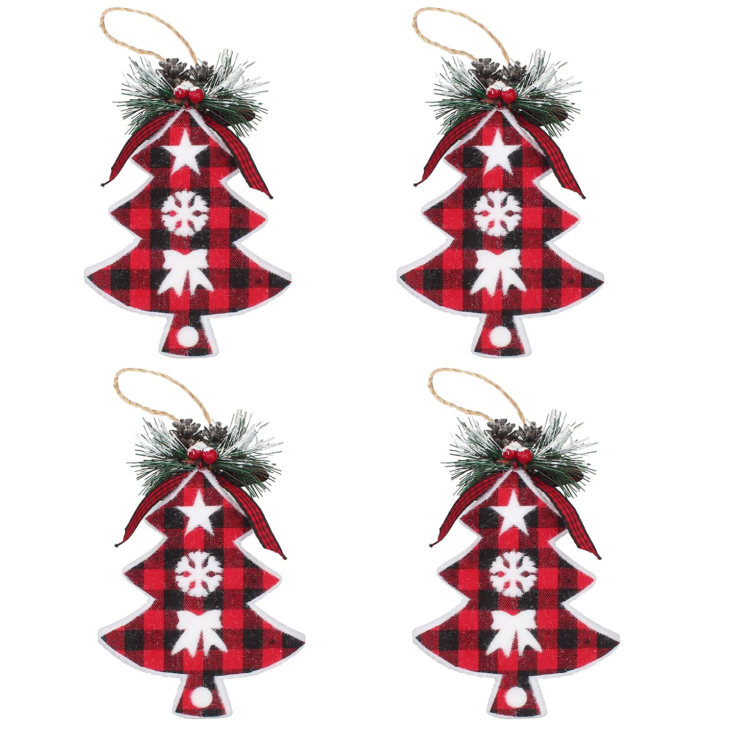 Christmas Hang Ornaments 4-Piece Set, Foam Christmas Tree Shape Hanging Pendant Red and Black Grid Cloth Decoration for Xmas Holiday Decor