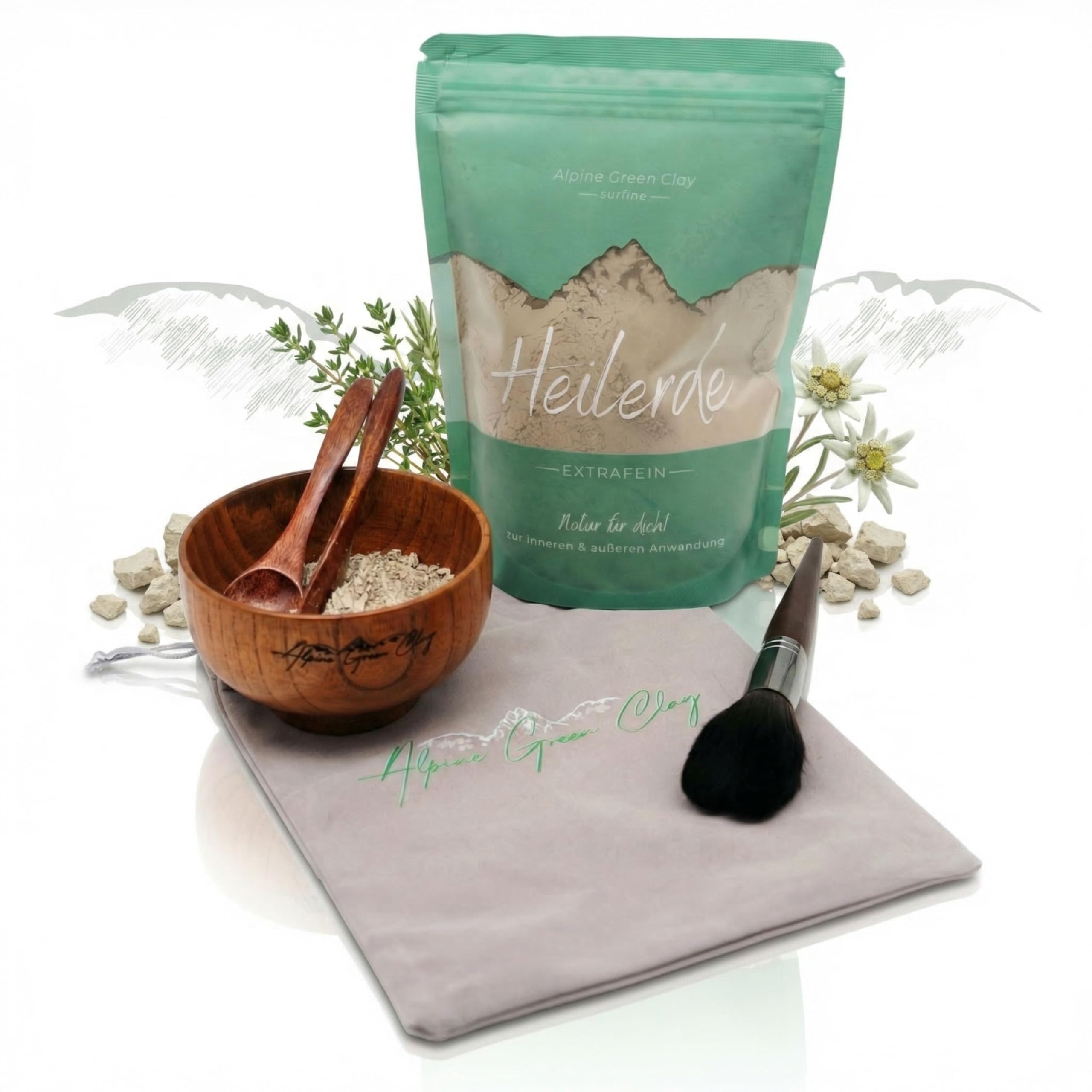 Heilerde Maskenset gegen Pickel & Unreinheiten – DIY Gesichtsmaske Set mit Schale & Pinsel – Grüne Tonerde Österreich – Naturkosmetik Tiefenreinigung – Vegan Clean Beauty