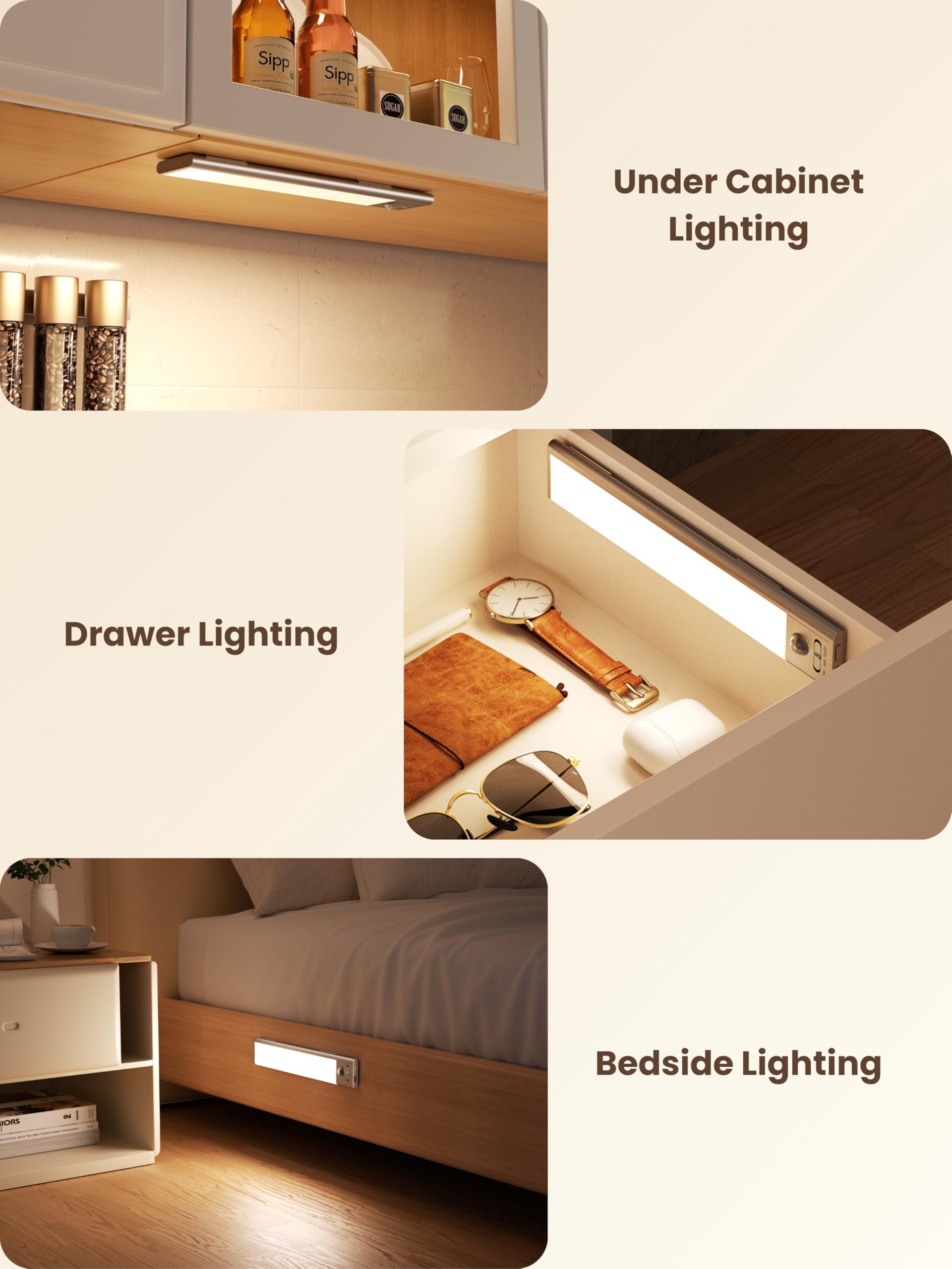 Iluminación automática debajo del gabinete, luz LED recargable con sensor de movimiento, diseño magnético inalámbrico, temperatura tricolor, 110 lúmenes, para despensa, escaleras, armario