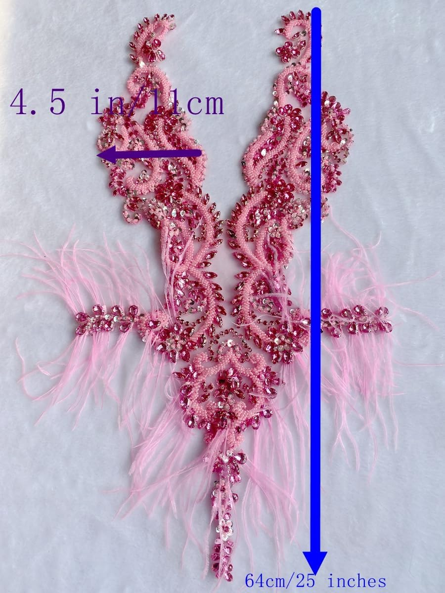 Hand Made Luxury Feathers Decorative DIY Accessories Hand Sewing Shiny Glass Rhinestones Bead Bodice Lace Applique Trim Patches (Silver)