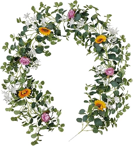 Miniatura 10 de Guirnalda de girasoles de seda artificial, eucalipto y vid, corona de rosas artificiales con hojas verdes para decoración de mesa de boda (girasol