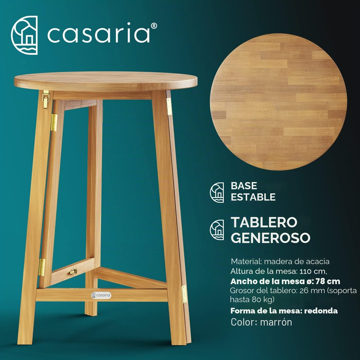 CASARIA® Mesa Alta Plegable de Madera Maciza para Exterior Jardín Eventos Ø80cm Tablero Redondo Color Natural