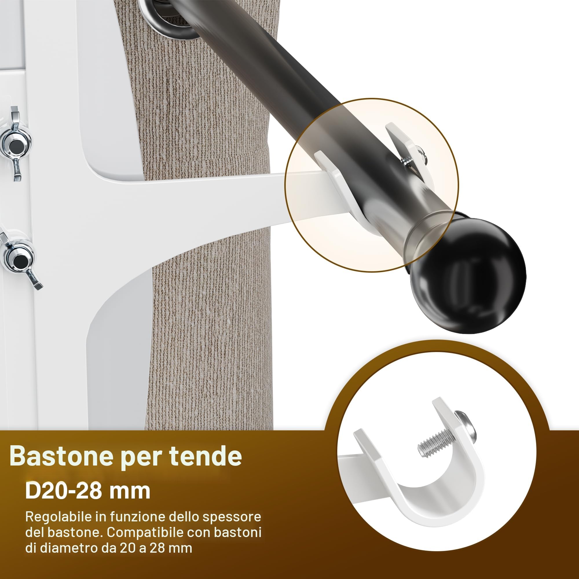 Set di 2 supporti per aste per tende senza foratura, in metallo e resistenti, adatti a tutti i cassonetti per tapparelle, Ø20-28 mm, asta per tende senza foratura cassonetto per tapparelle, bianco