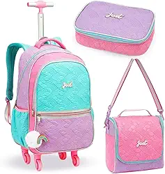 Kit Escolar para Meninas, Mochila com Rodinhas + Estojo com Divisórias + Lancheira Térmica com Alça Transversal, Colorido, Feminino, Infantil, Juvenil, para Aulas