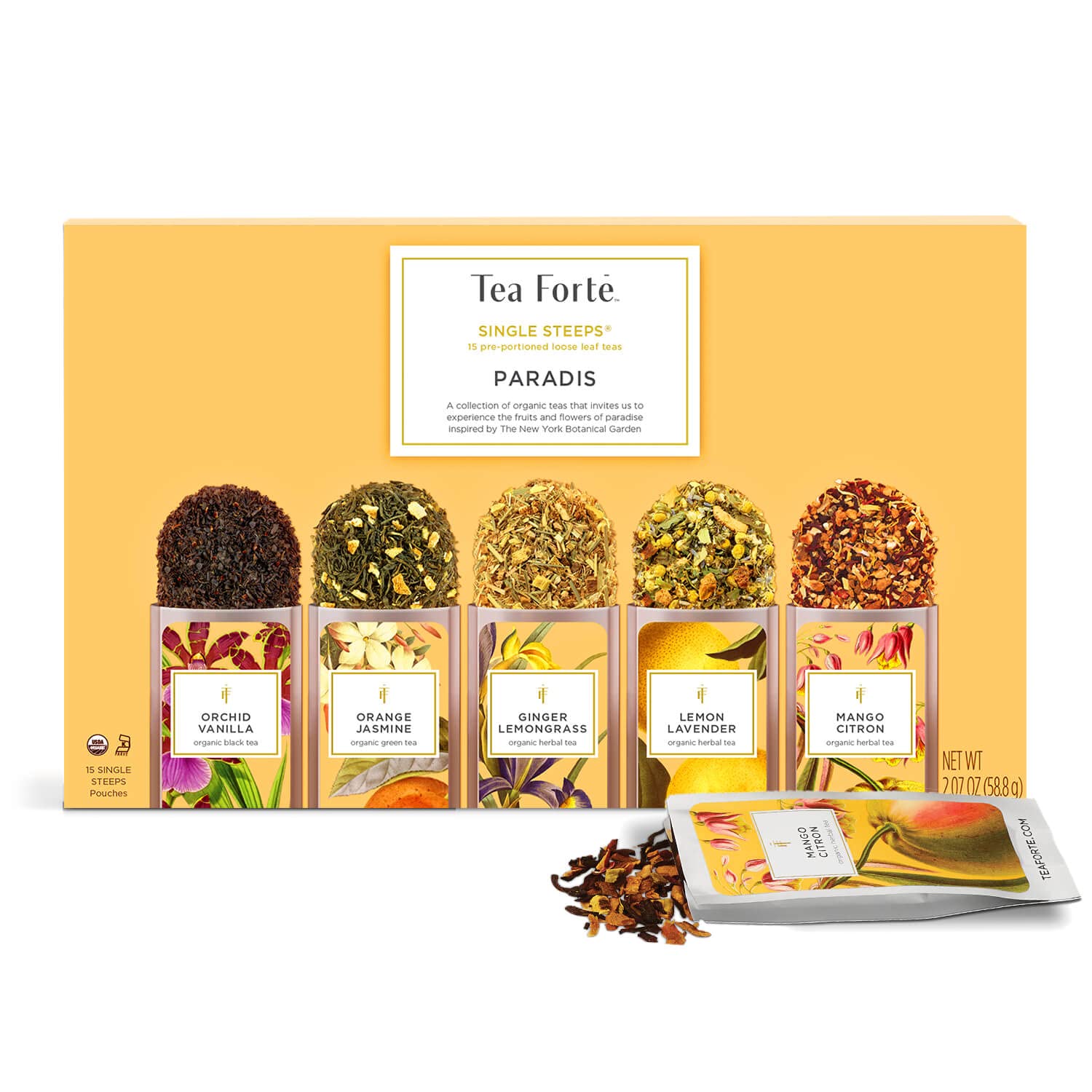Tea Forte Single Steeps Loose Leaf Tea Sampler, Assorted Variety Tea Box, 15 Single Serve Pouches (Paradis)
