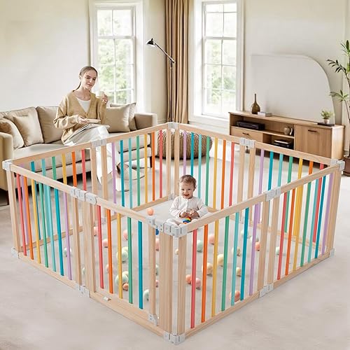 Miniatura 2 de Corralito plegable de madera de 61 x 61 x 25 pulgadas, corralito grande con cerradura a prueba de niños, fácil montaje, diseño portátil para bebés y