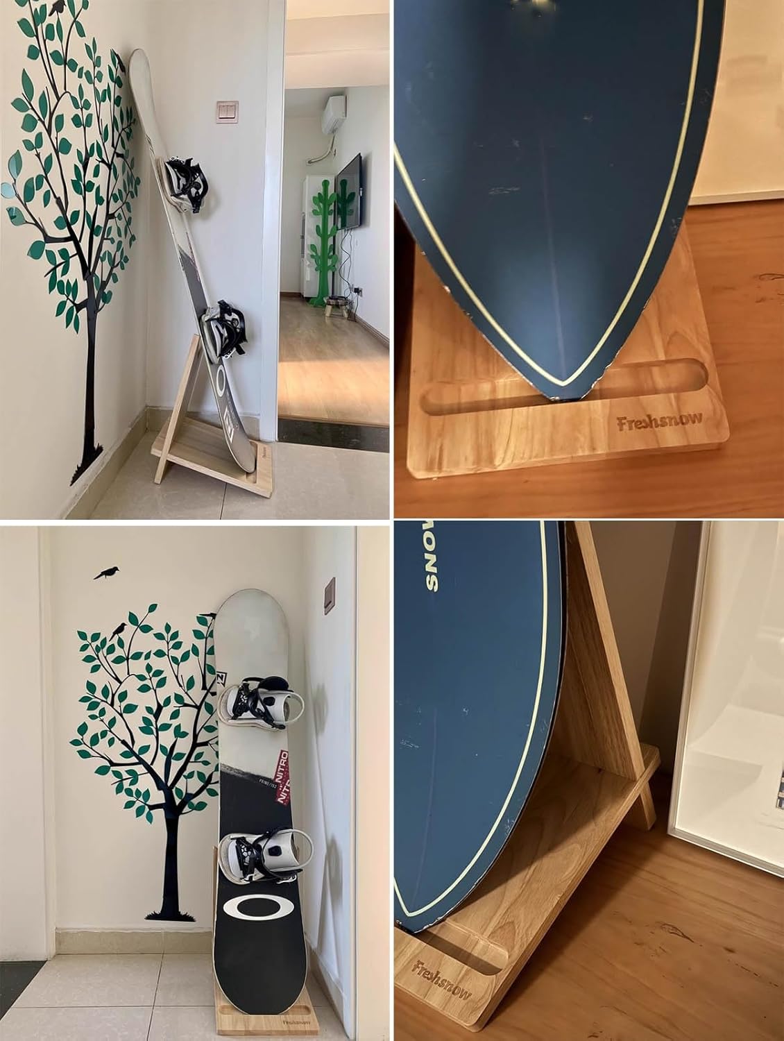 Home Wooden Snowboard Rack Display, Ski Holders Storage Stand with Card Slot, Freestanding Sports Skiing Organizer for Shop, Space Saver