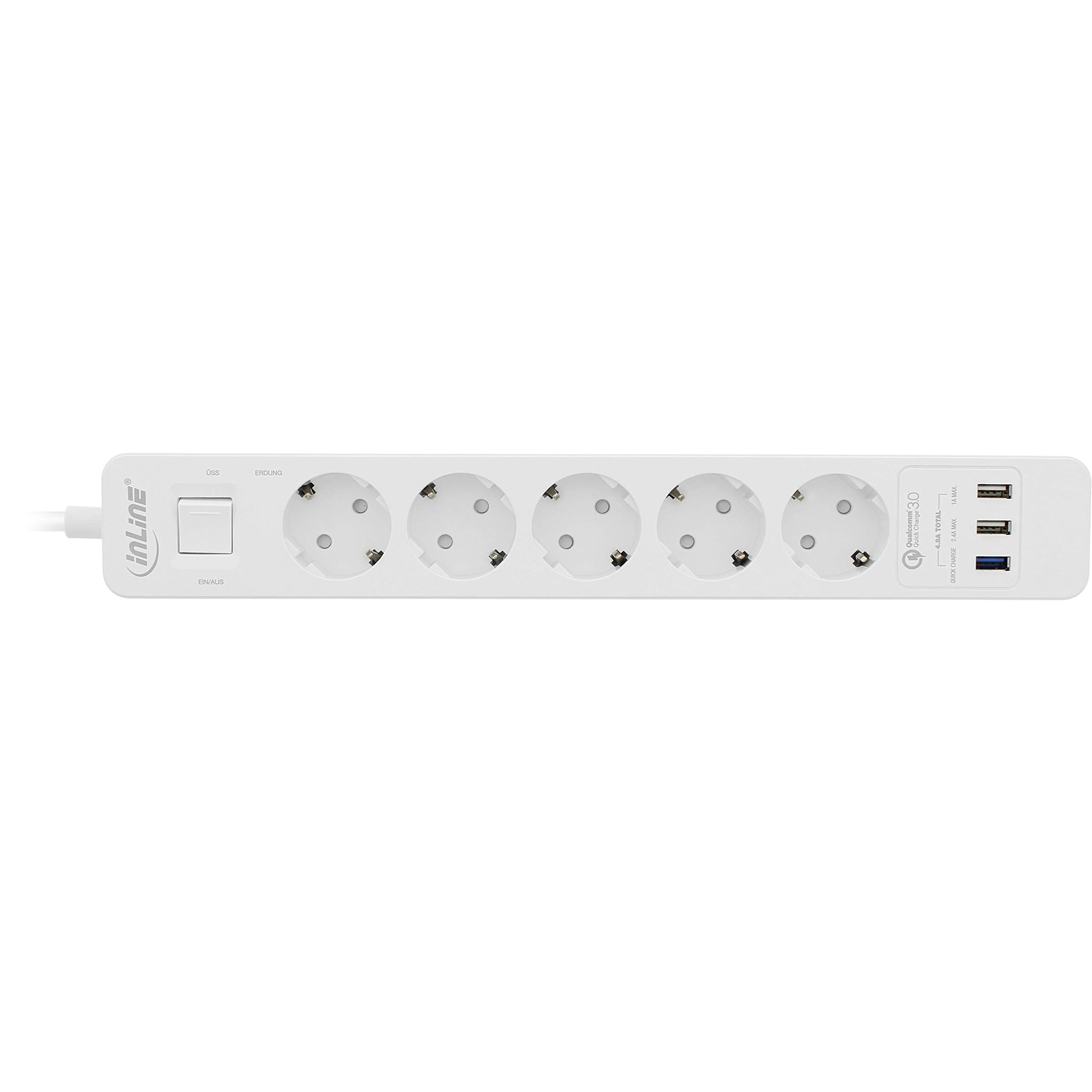InLine 16491T - Regleta con 5 enchufes (protección de Contacto, protección contra sobretensiones y USB QuickCharge con Interruptor, 1,5 m), Color Blanco
