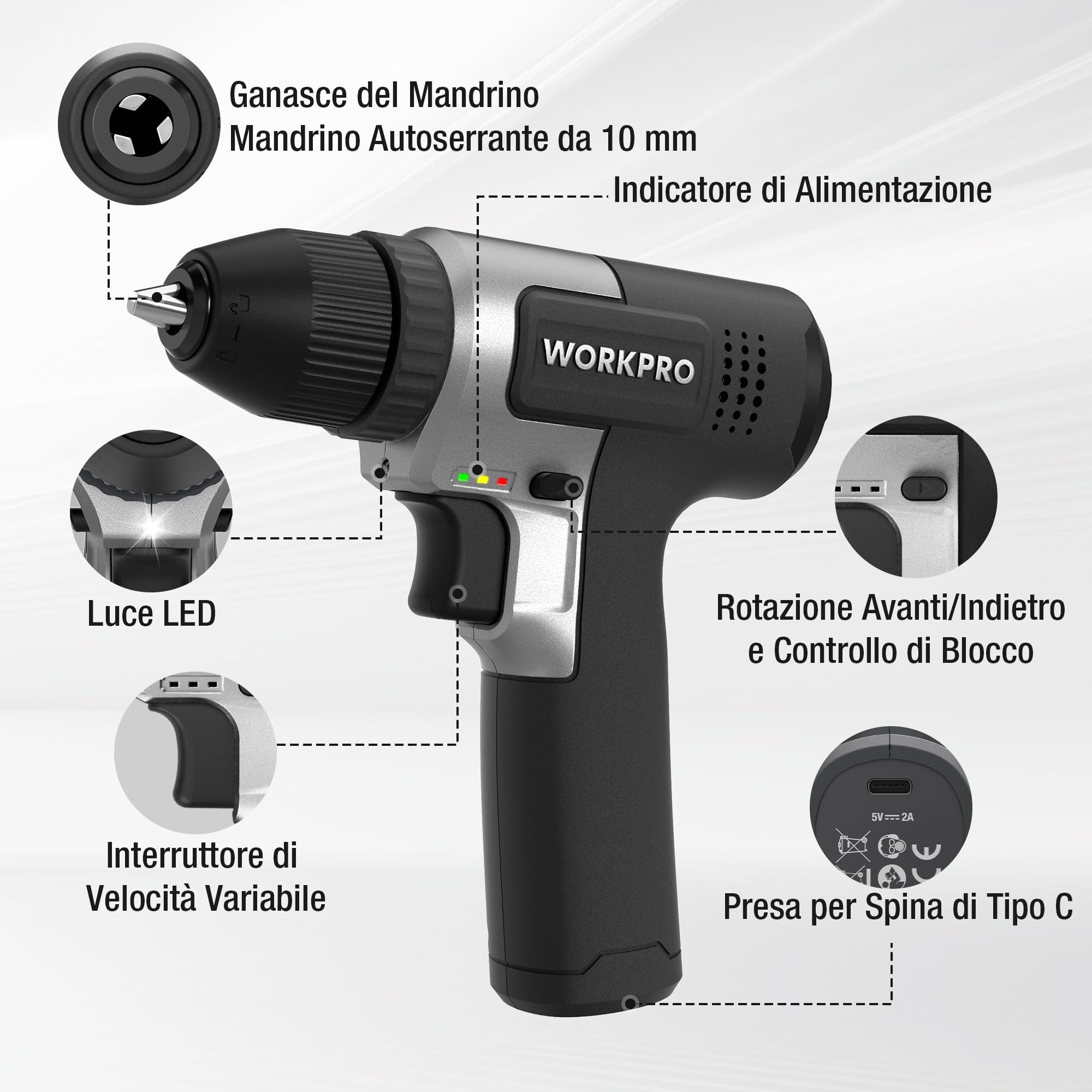 WORKPRO Trapano a Batteria 8V, Trapano Elettrico con Mandrino da 10 mm | Cacciavite Elettrico, Cacciavite con Velocità Variabile, Cacciavite Ricaricabile Tipo C, con 15 Accessori, Nero