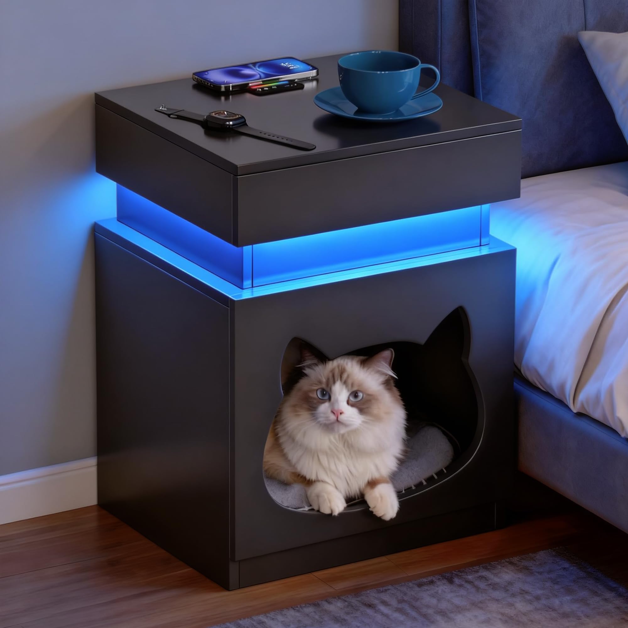 Night Stand with Charging Station, Wooden Bedside Table with LED Lights, Dark Grey Side Tables with Sliding Drawer, Modern End Table with Storage