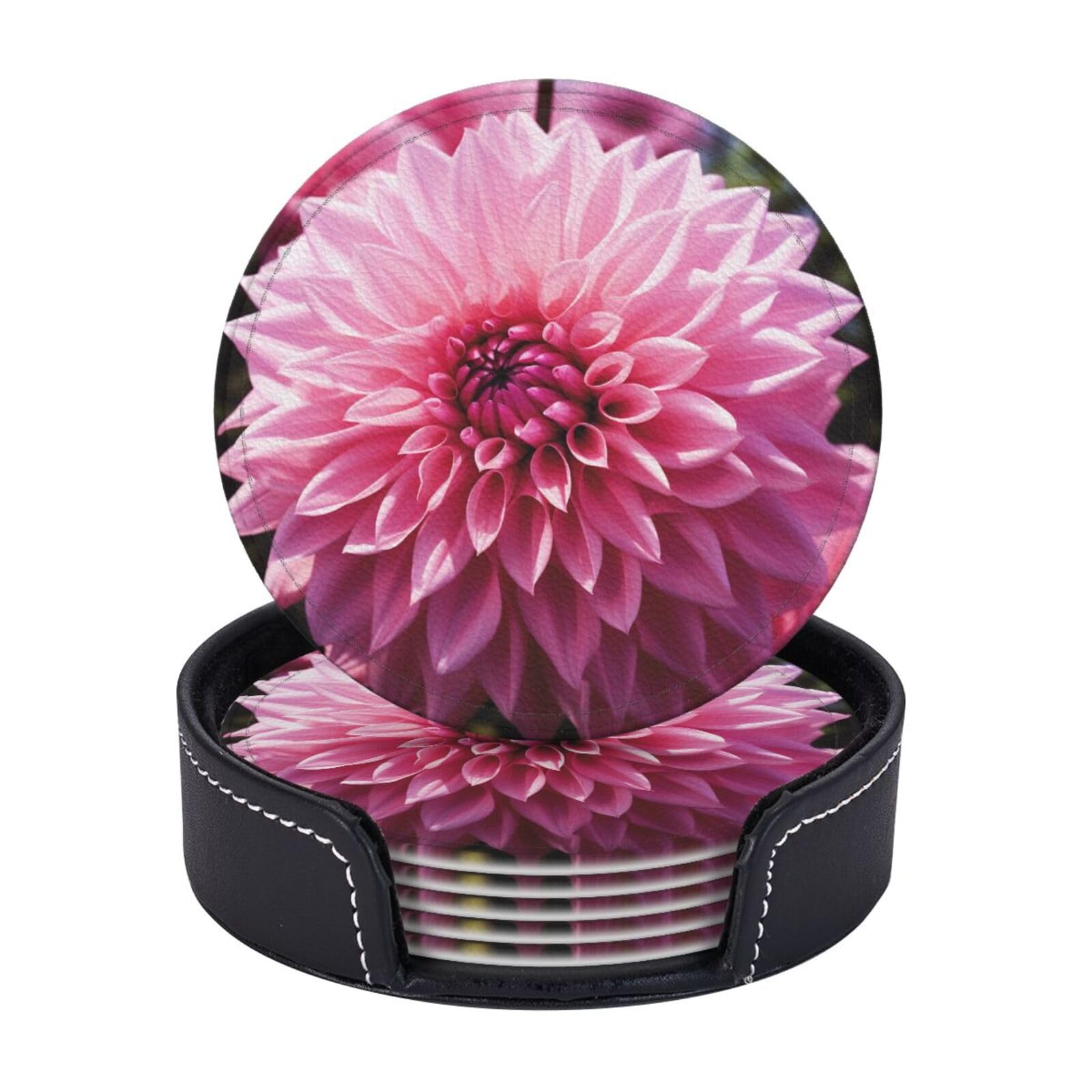 Mxdlkswpoh Floral Dahlia Flower Drink Coasters Set Of 6 Waterproof Non-Slip Leather Coaster With Holder Round Mug Mat Coasters For Drinks Tabletop Protection Cup Pad For Coffee Table Bar Home Decor
