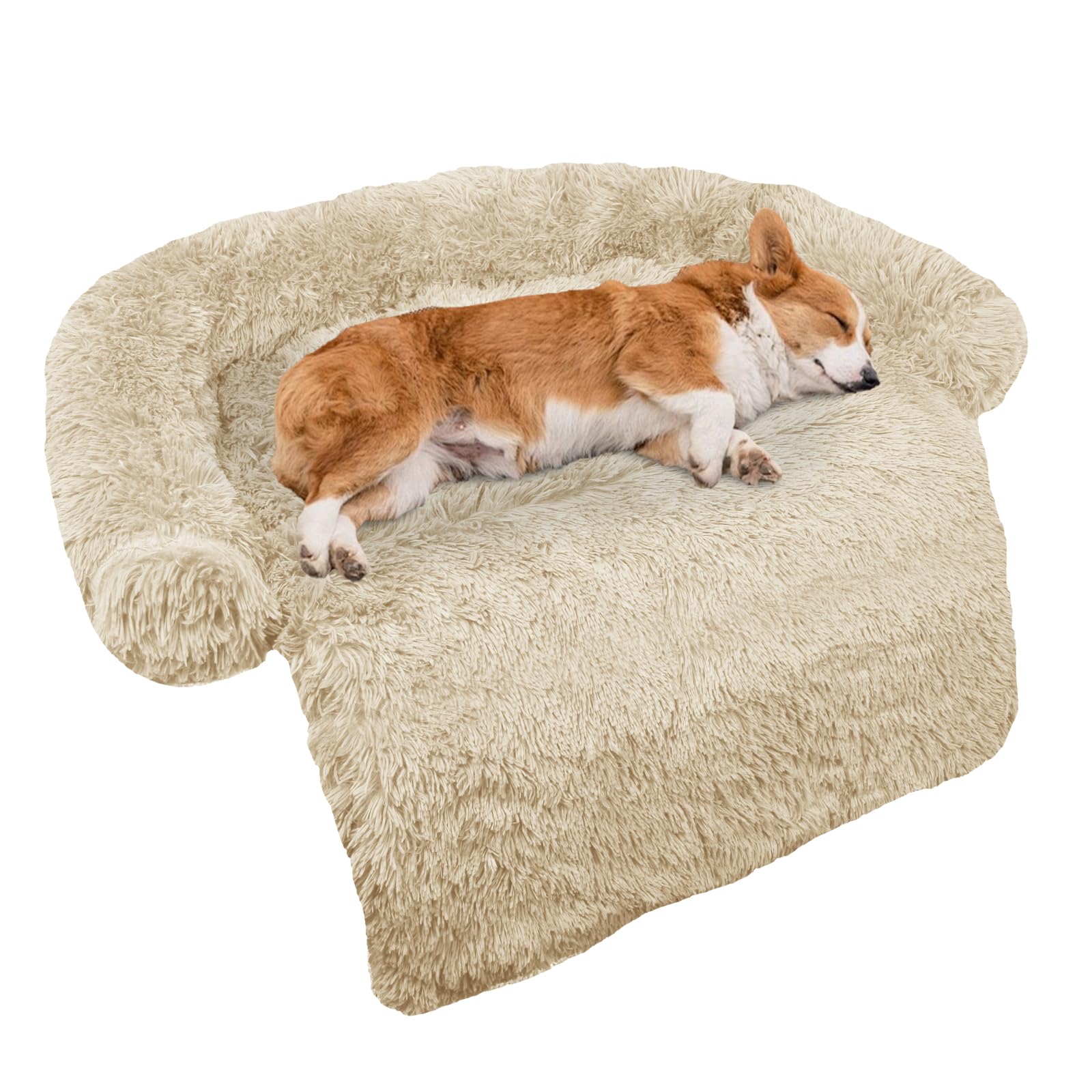 Calming Dog Bed Fluffy Plush Dog Mat for Furniture Protector with Removable Washable Cover for Large Medium Small Dogs and Cats (Medium, Beige)