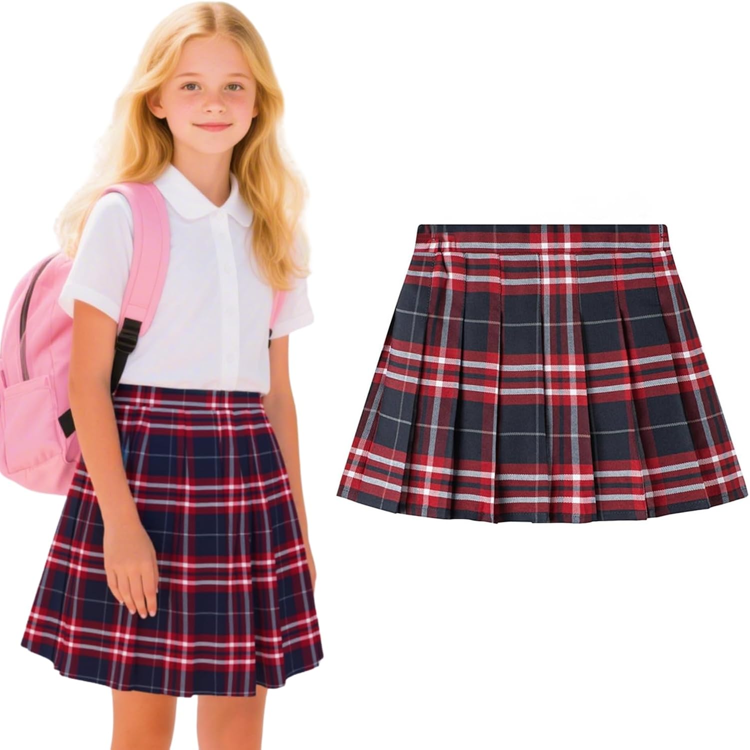 HILEELANG Girl School Uniform Pleated Scooter Skirt with Under Shorts Pull On Elastic Waist Skirt
