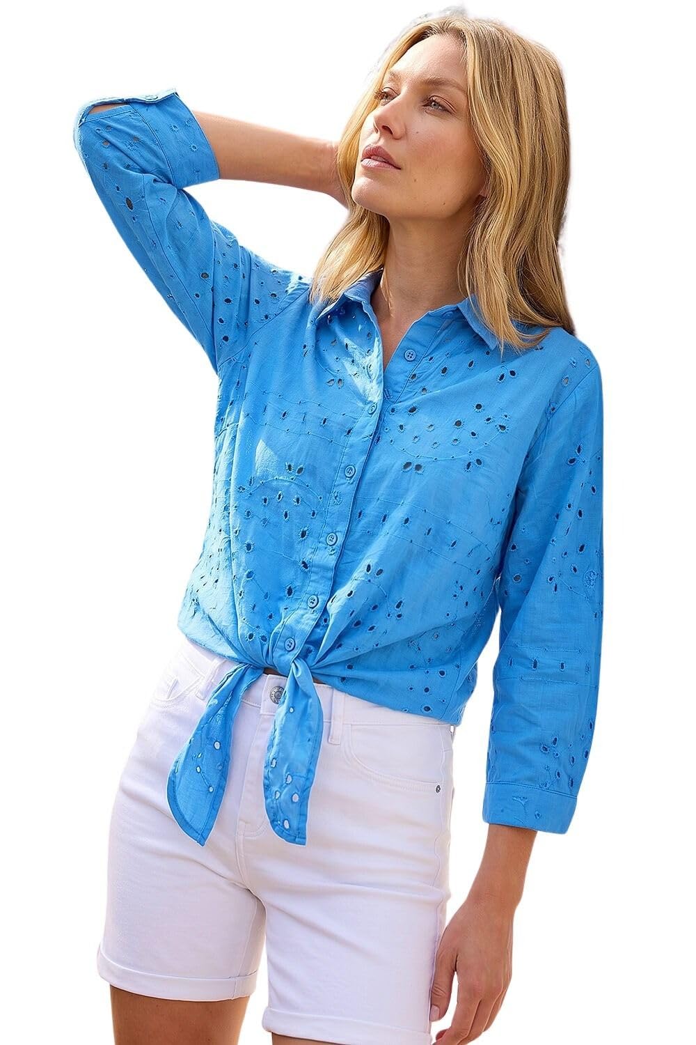 Roman Broderie Tie Front Shirt - Blue - Long Sleeve - Button-Through - Tie Front Hem