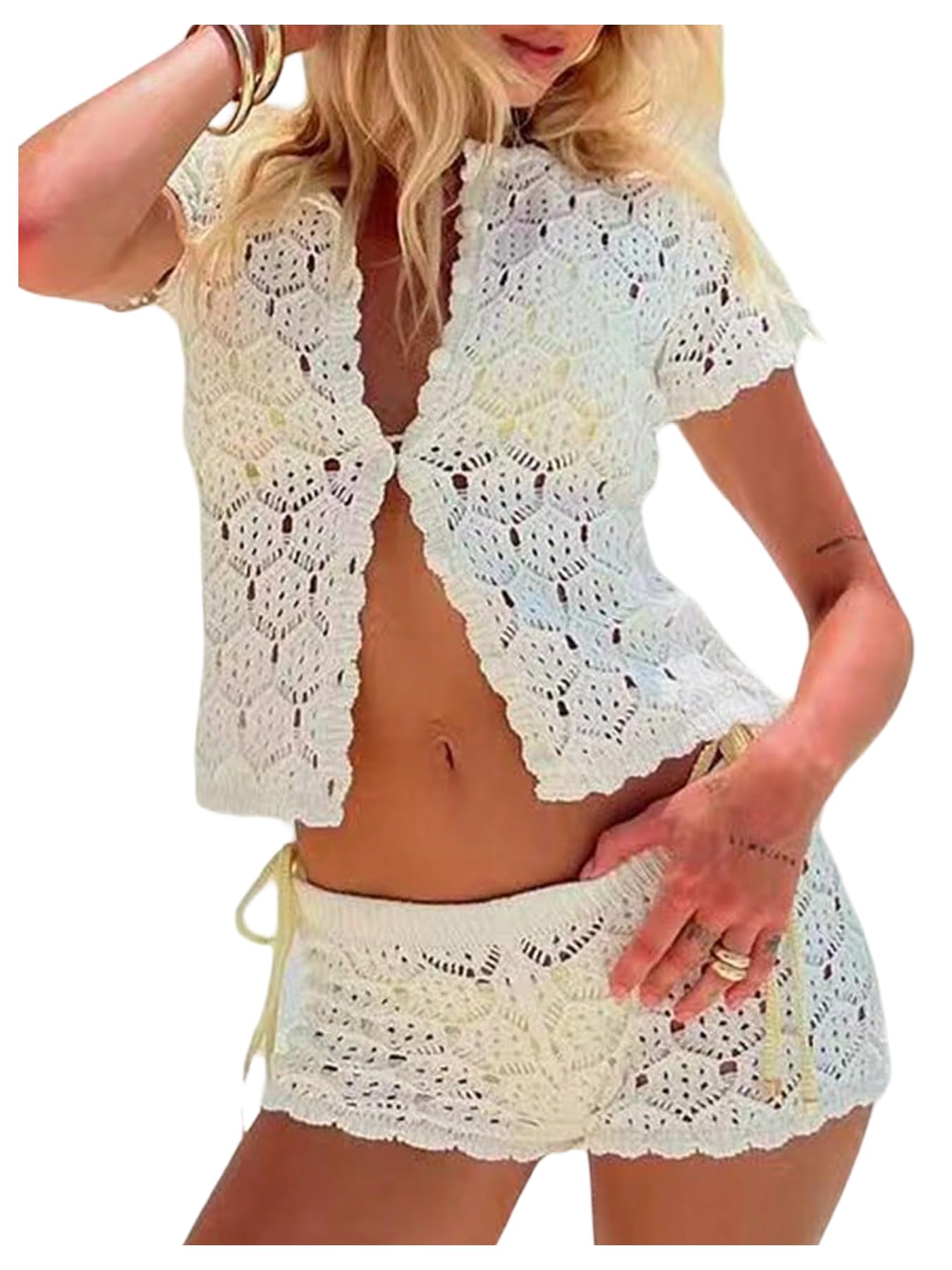 gorglitter Women's Crochet Short Sets Short Sleeve Button Down Cardigan Top and Shorts Vacation Outfits-picture-38