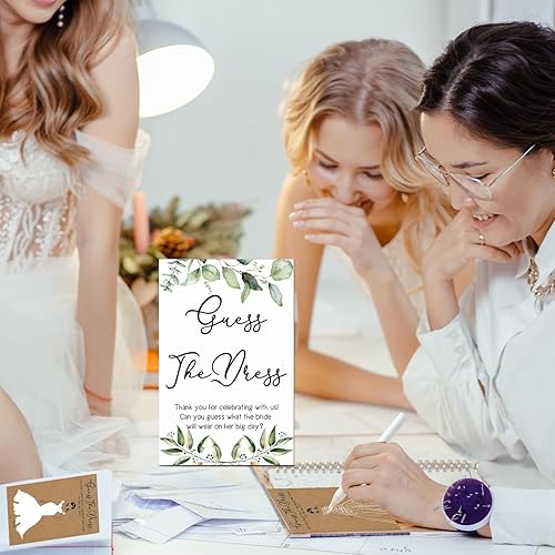 Miniatura 6 de Seajan Guess The Dress - Juego de despedida de soltera, letrero de madera, divertido juego de despedida de soltera, letrero de mesa, 50 tarjetas