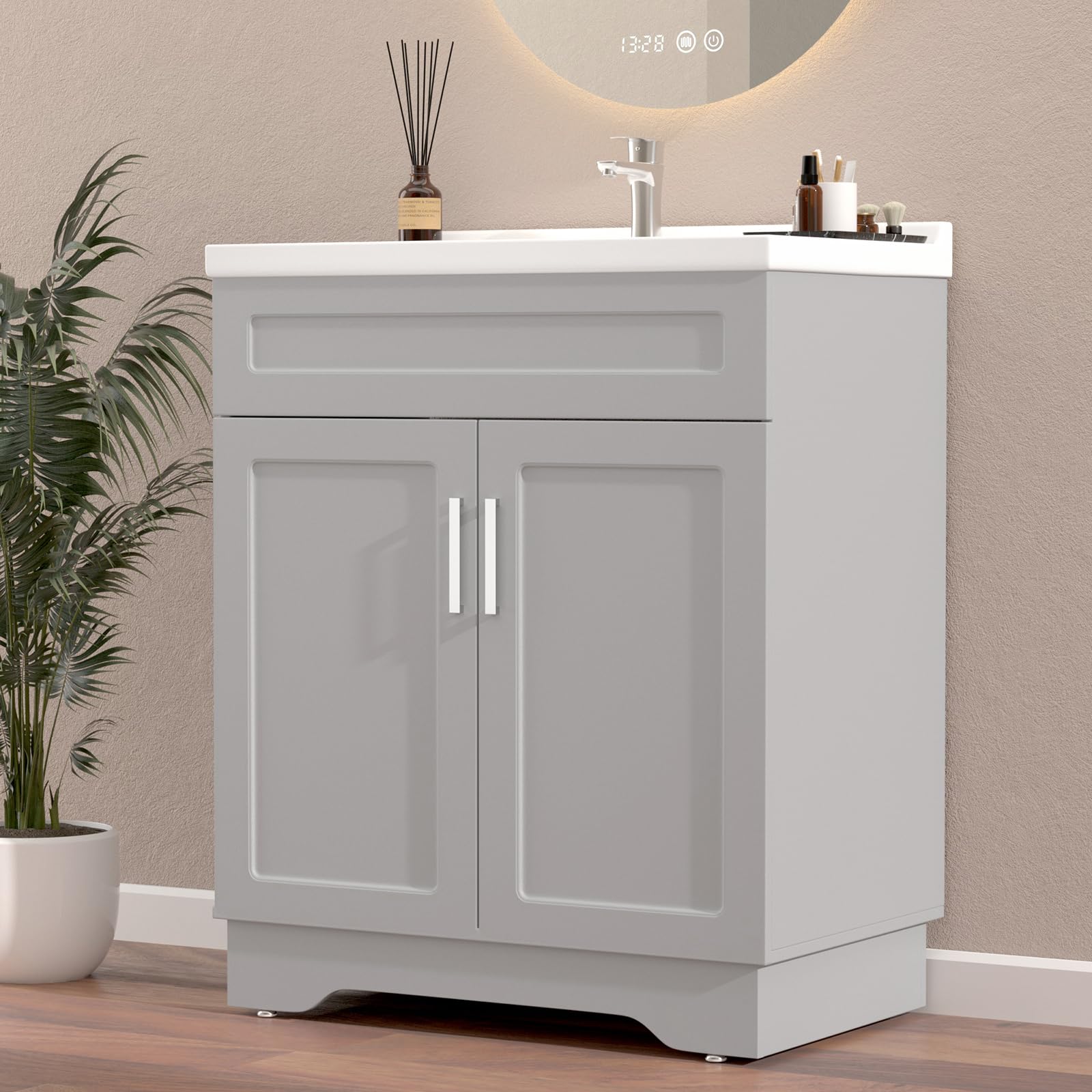 Ymise 32 Inch Freestanding Bathroom Vanity with Ceramic Sink in Grey