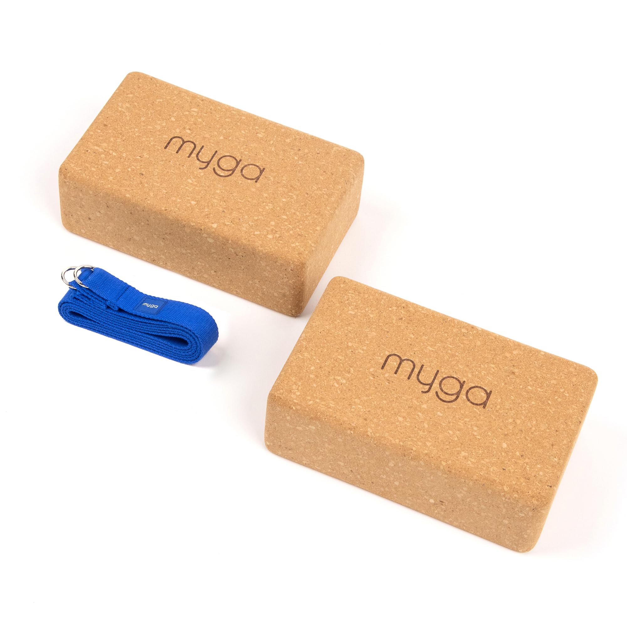 Myga Cork Yoga Blocks & Strap Set - 2 Natural Cork Bricks and Metal D Ring Belt for Yoga, Pilates and Fitness - Support and Deepen Poses, Non-Slip and Eco-Friendly for Home & Gym - Royal Blue — image 1