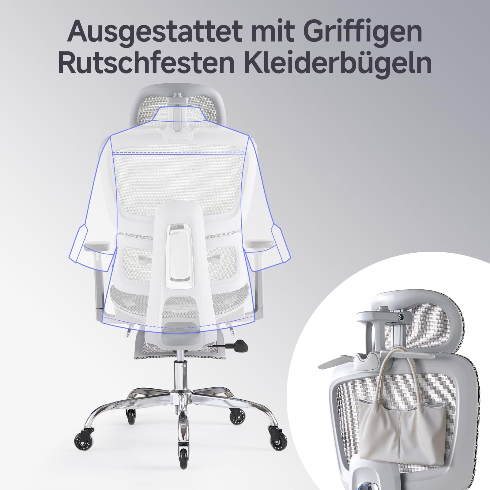 LarkLeaves Ergonomischer Bürostuhl mit Fußstütze & Nackenkissen, 5-Fach Höhenverstellbare Rückenlehne, 2D Lordosenstütze, 3D Armlehnen/Kopfstütze, 145° Neigefunktion, Mesh-Sitz, Gummirollen, Grau