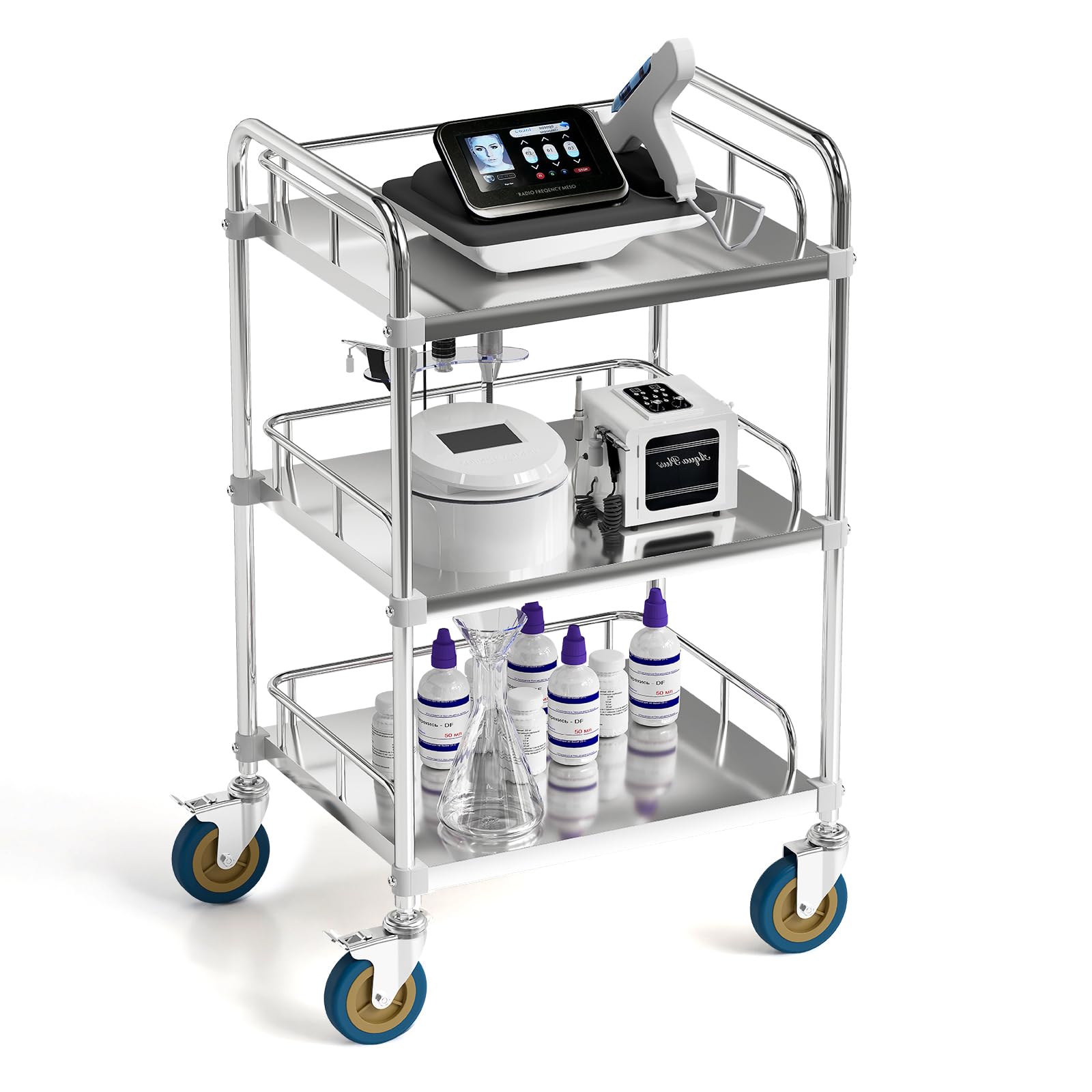 lesolar Labor Rollwägen, Servierwagen Edelstahl 3 Böden, Edelstahl Küchenwagen mit 4 Schwenkbar Rollen 2 Bremse, Serving Lab Trolley, Transportwagen, Laborwagen, Teewagen 440 x 660 x 860 mm