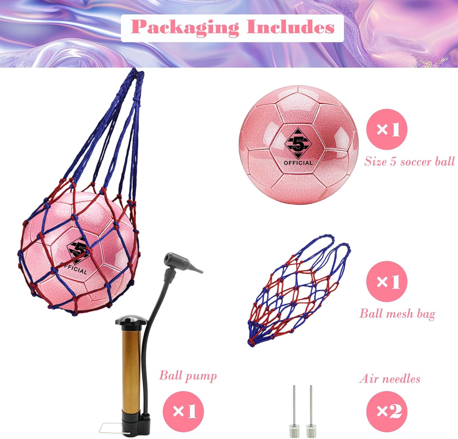 Glitter Purple Soccer Ball Size 3 4 5 with Pump & Needle/Mesh Bag, Sofu PU Soccer Ball Kit for Indoor Outdoor Practicing Training Playing Gift Teens Youth Adults