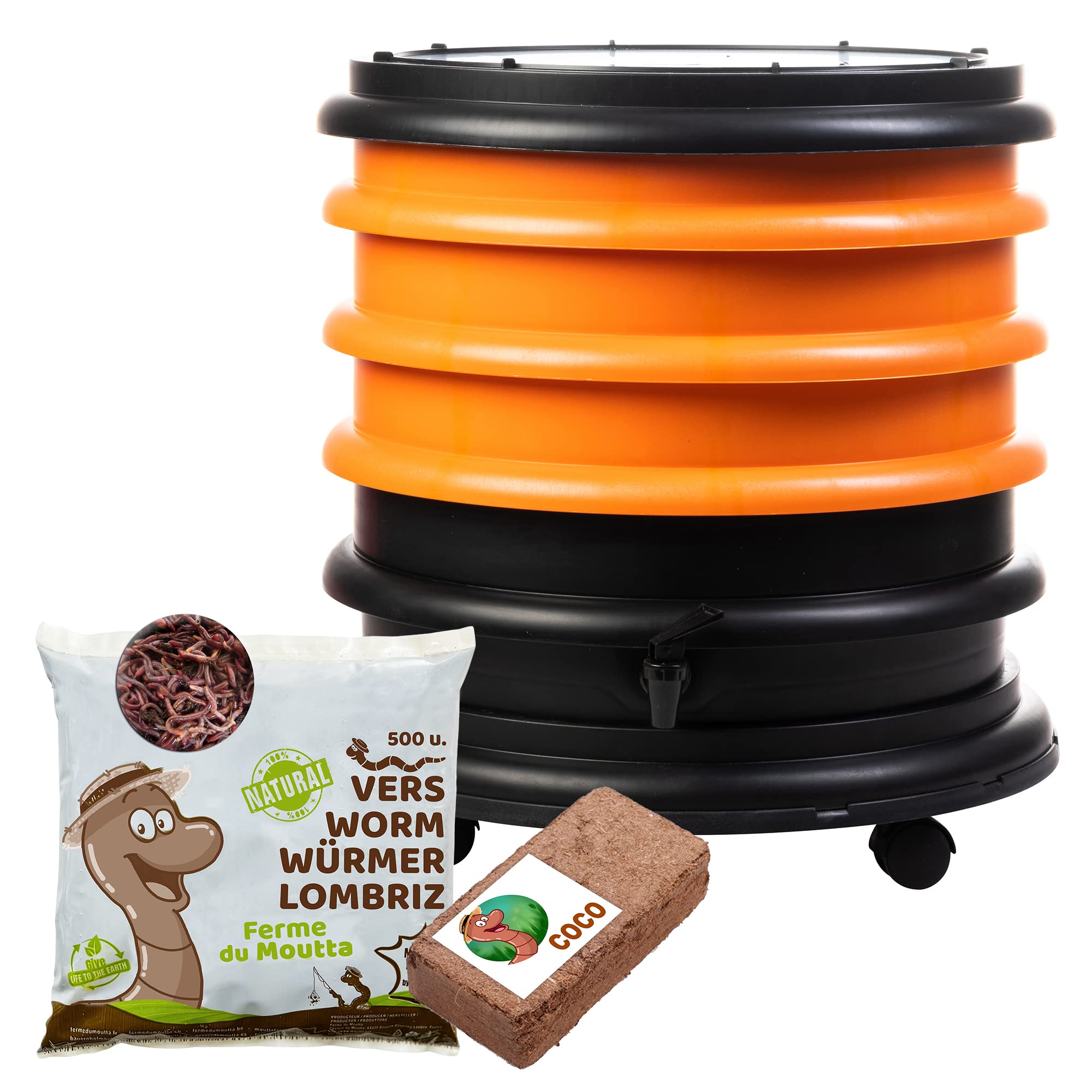 WORMbox | Wormery Worm Farm composter 3 Orange Trays + 250gr of Compost Worms / 500 ctn + 1 Coco | 48 liters | Organic Waste Compost, make your Worm Castings