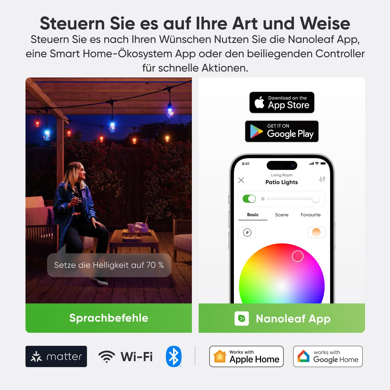 Nanoleaf Smart LED Lichterkette Außen 15m Starter Kit - 20 dimmbare RGBICW Gem Glühbirnen, IP65 wasserdicht, WLAN Kontrolle mit App und Stimme (Matter Alexa Siri Apple Google Home) Balkon Garten Party