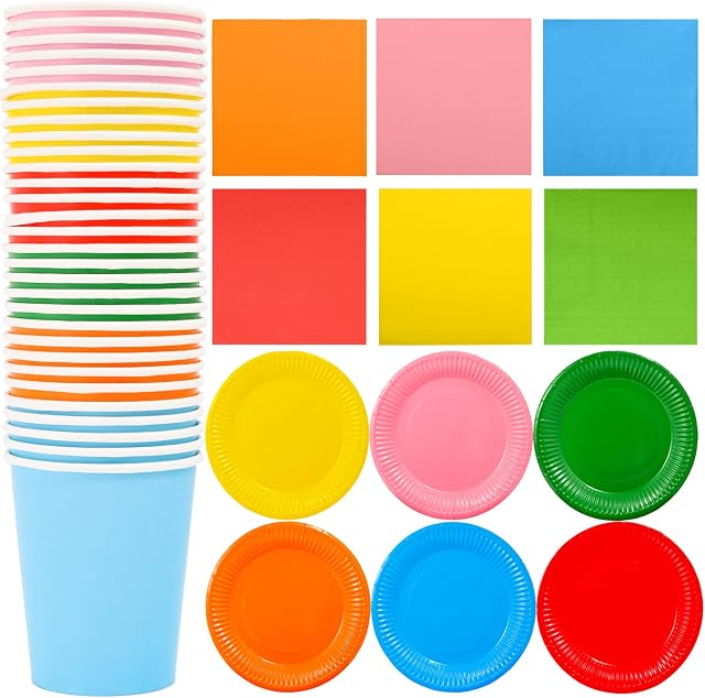 MFUOE 96 Pieces Rainbow Party Supplies Rainbow Party Tableware Paper Plates Cups and Cocktail Luncheon Beverage Napkins for Wedding Birthday Baby Shower Engagement