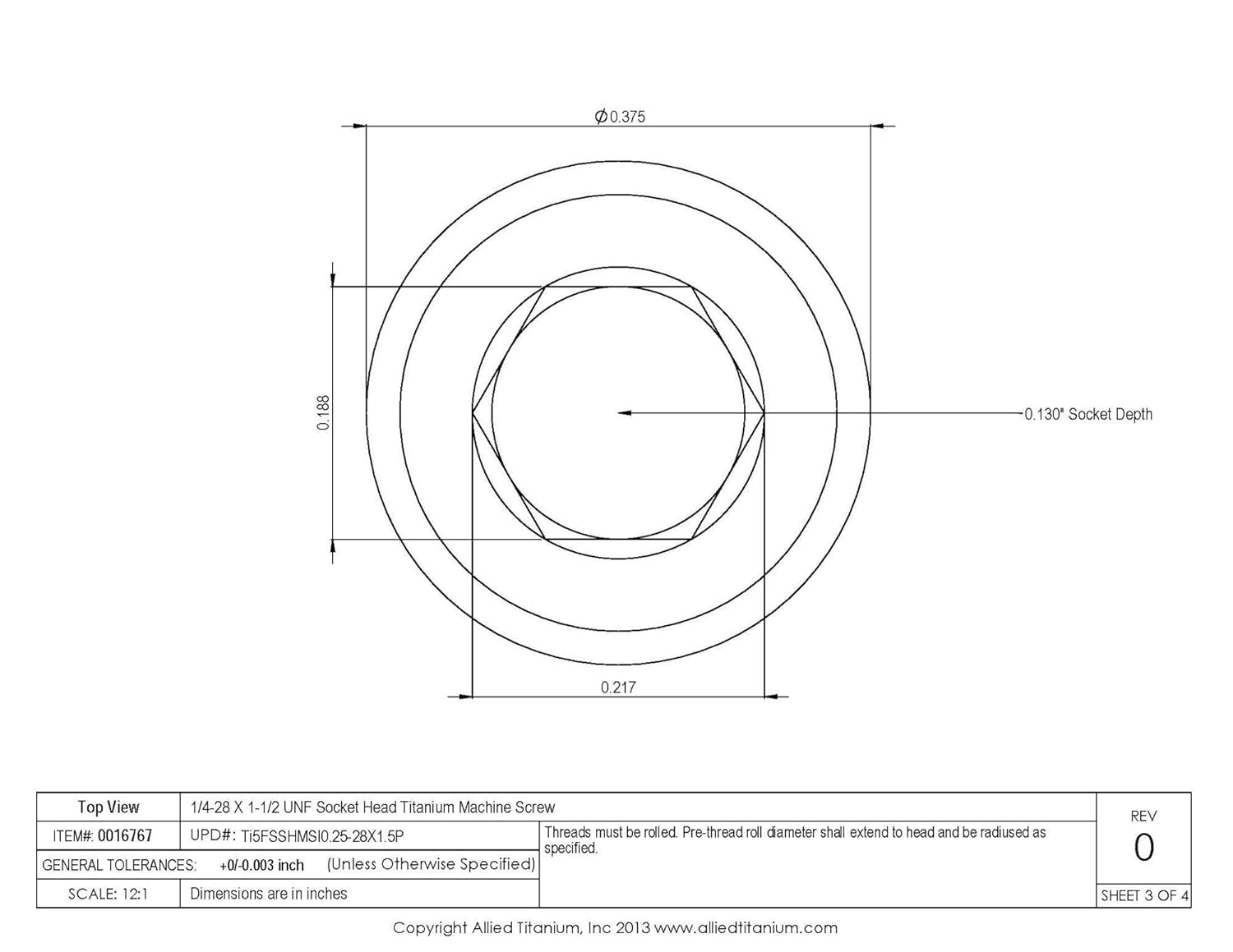 0016767, (Pack of 6) 1/4-28 X 1-1/2 UNF Socket Head Machine Screw, Grade 5 (Ti-6Al-4V)