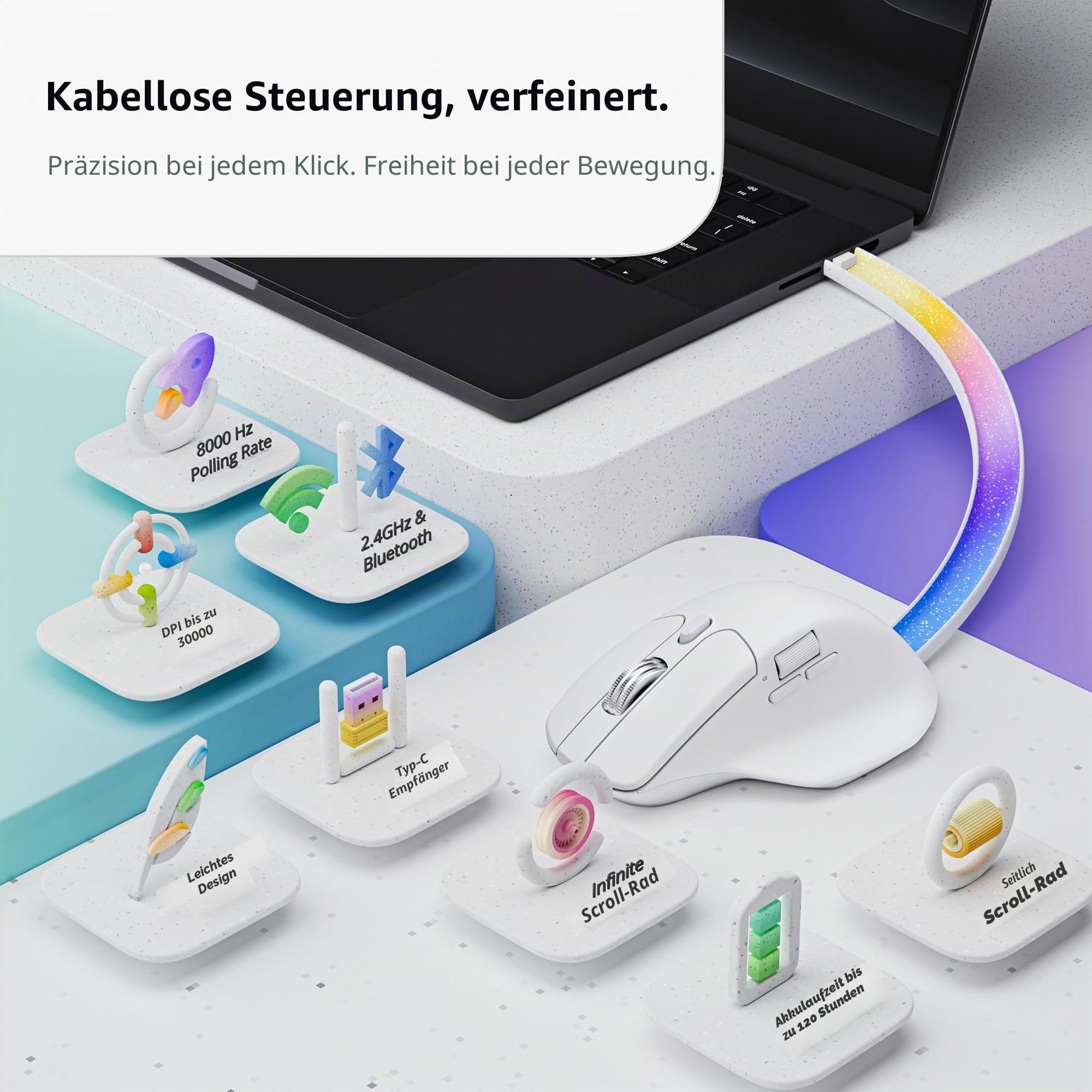 Keychron M6 8K Wireless Gaming Maus, 2.4G/Bluetooth/Wired, PixArt 3950 Sensor, 8000Hz Polling, Silent Clicks, 5 On-Board-Speicherprofile für Plug & Play, programmierbar für Mac/Win/Linux - Weiß