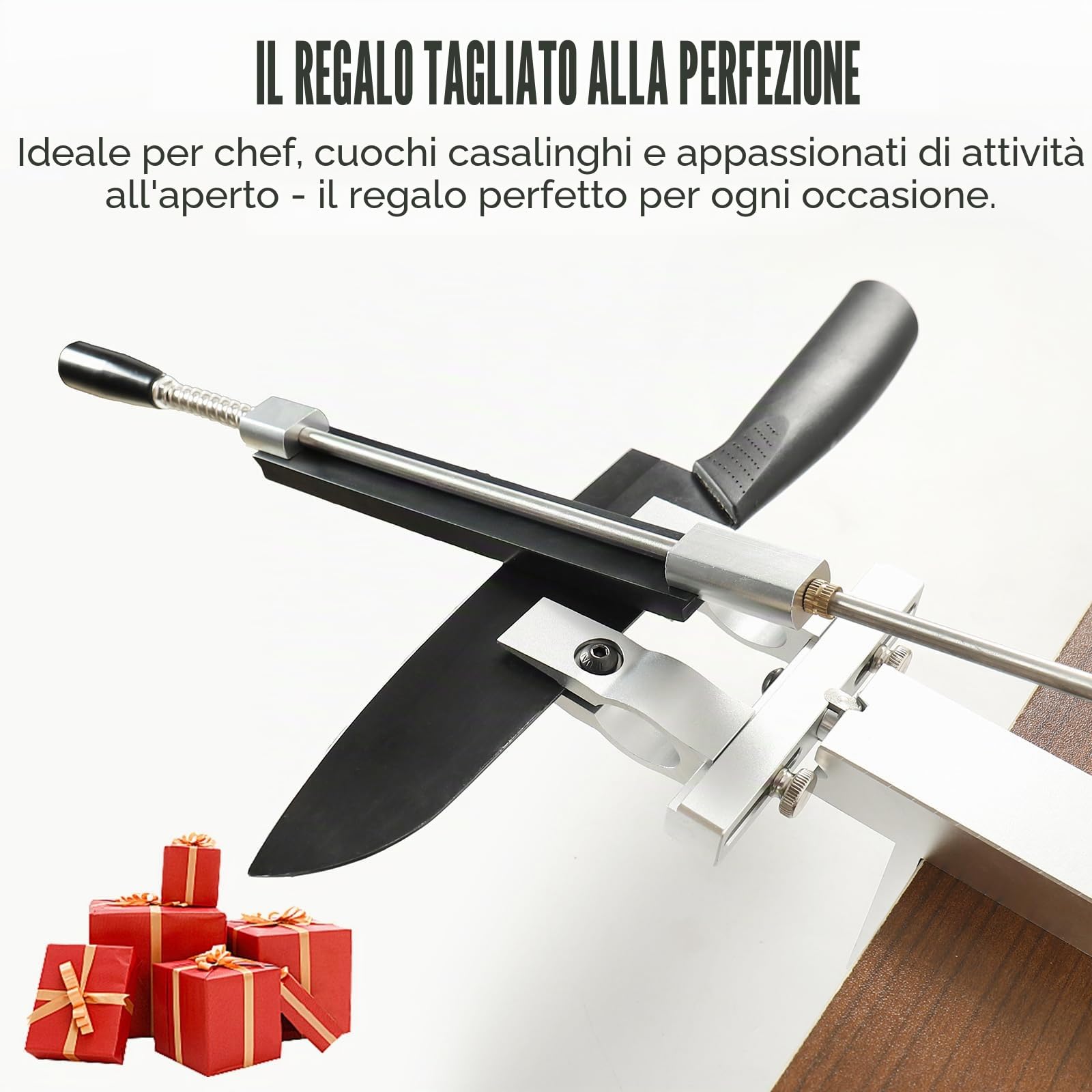 Affilacoltelli Professionale, Affilacoltelli Manuale in Alluminio, Rotazione a 360° con Angolo Fisso, Sistema di Affilatura Coltello con 6 Pietre Diamantate (120# 400# 800# 1000# 2000# 3000#)