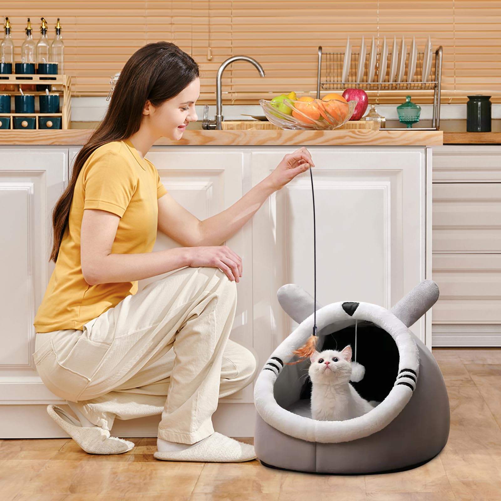 PETCUTE Cuccia Gatto Chiusa Interno,Cuccia per Gatti Interno con Cuscino Rimovibile,Cuccia Semichiusa per Animali Domestici con Palla di Pelo,Antiscivolo,per Gatti e Cani di Piccola Taglia