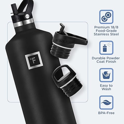 Miniatura 5 de IRON FLASK - Botella de agua deportiva de 64 onzas líquidas, 3 tapas (tapa de pajilla), a prueba de fugas, acero inoxidable aislado al vacío, se