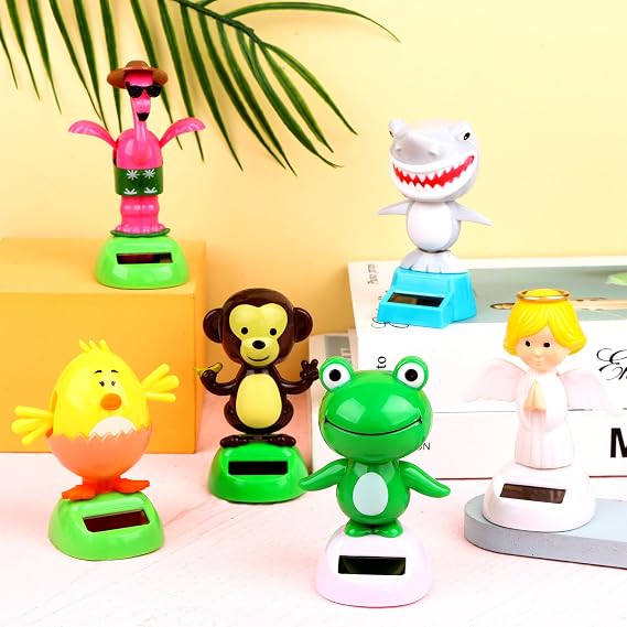 6 Pcs Solar Powered Dancing Animal Dolls Swinging Animated Bobble Dancer Window Sun Catcher Car Decor Portable Suncatchers,Frog Angel Shark Flamingo Home Car Ornament Kids Toys Gifts