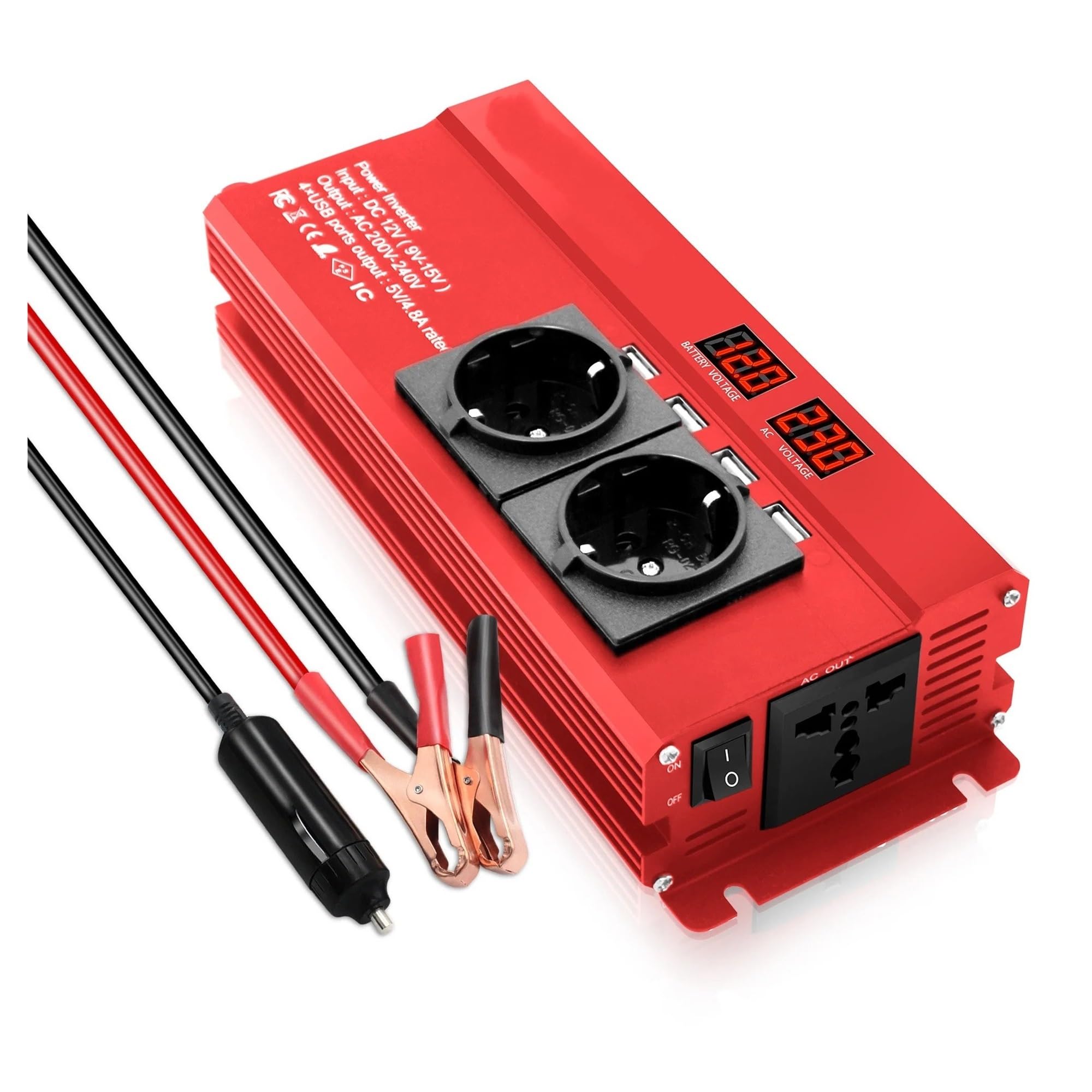 Inversor Corriente Inversor Corriente para Coche 1300 W/2600 W Convertidor CC 12 V CA 220 Enchufe Europeo Universal Salida USB Carga Rápida Voltaje Pantalla LED Transformador(12V,1000W-2000W Red)