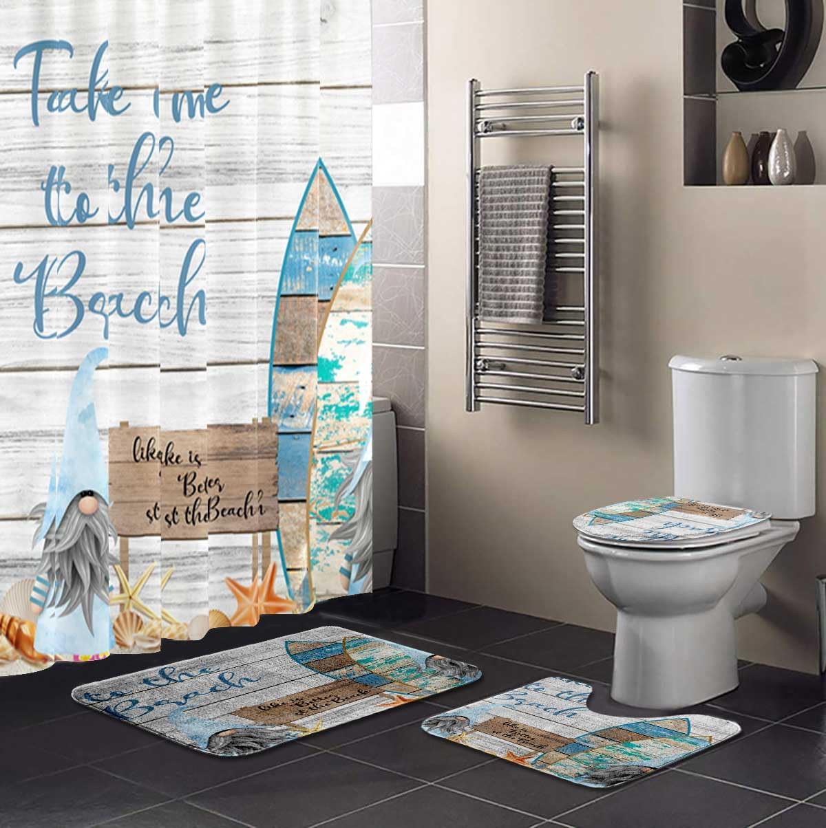 4 Pcs Summer Gnomes Shower Curtain Sets with Rugs Funny Gnomes Taking Surfboard on Beach Wooded Bathroom Set Home Bath Bathtub Decor Durable Curtains Mats for Bathroom Decor 72 x 72 Inch